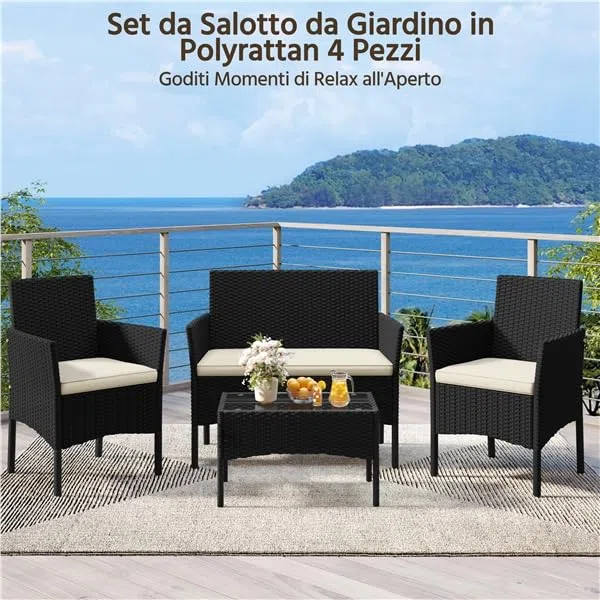 Yaheetech Set da Giardino in Rattan, 4 Posti, con divano a 2 posti, 2 sedie, tavolo e cuscini per seduta resistente alle intemperie, Salotto da Siardino Esterno, per Terrazza Balcone Patio