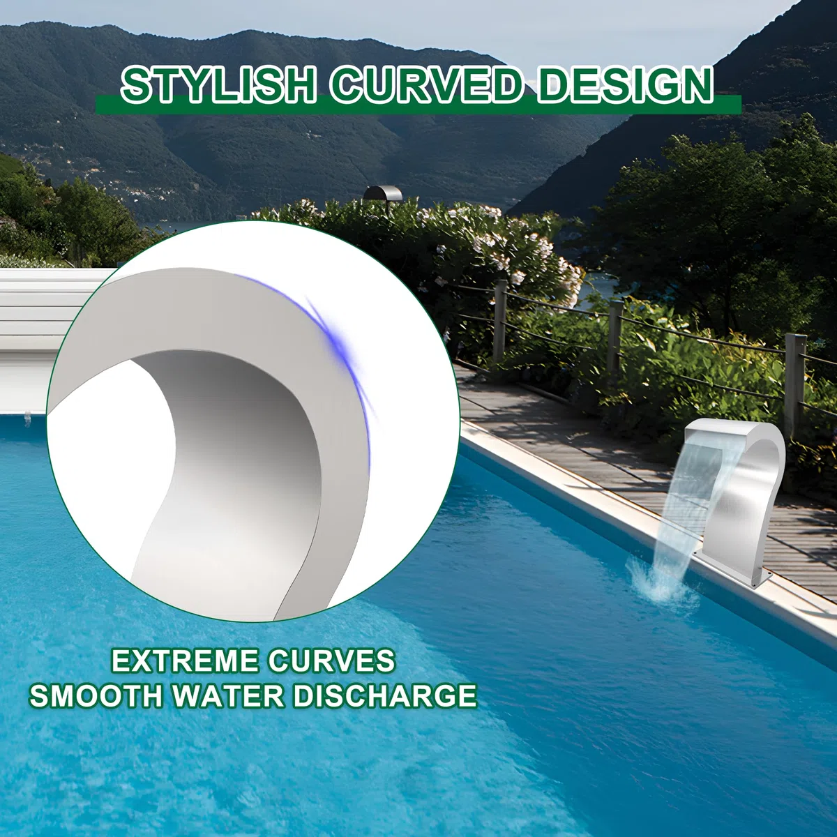 Fontana curva per piscina a cascata in acciaio inossidabile con accessori, per laghetti, cascate a forma di S, per esterni, fontane per giardino, patio, piscina, decorazione, 52 cm di