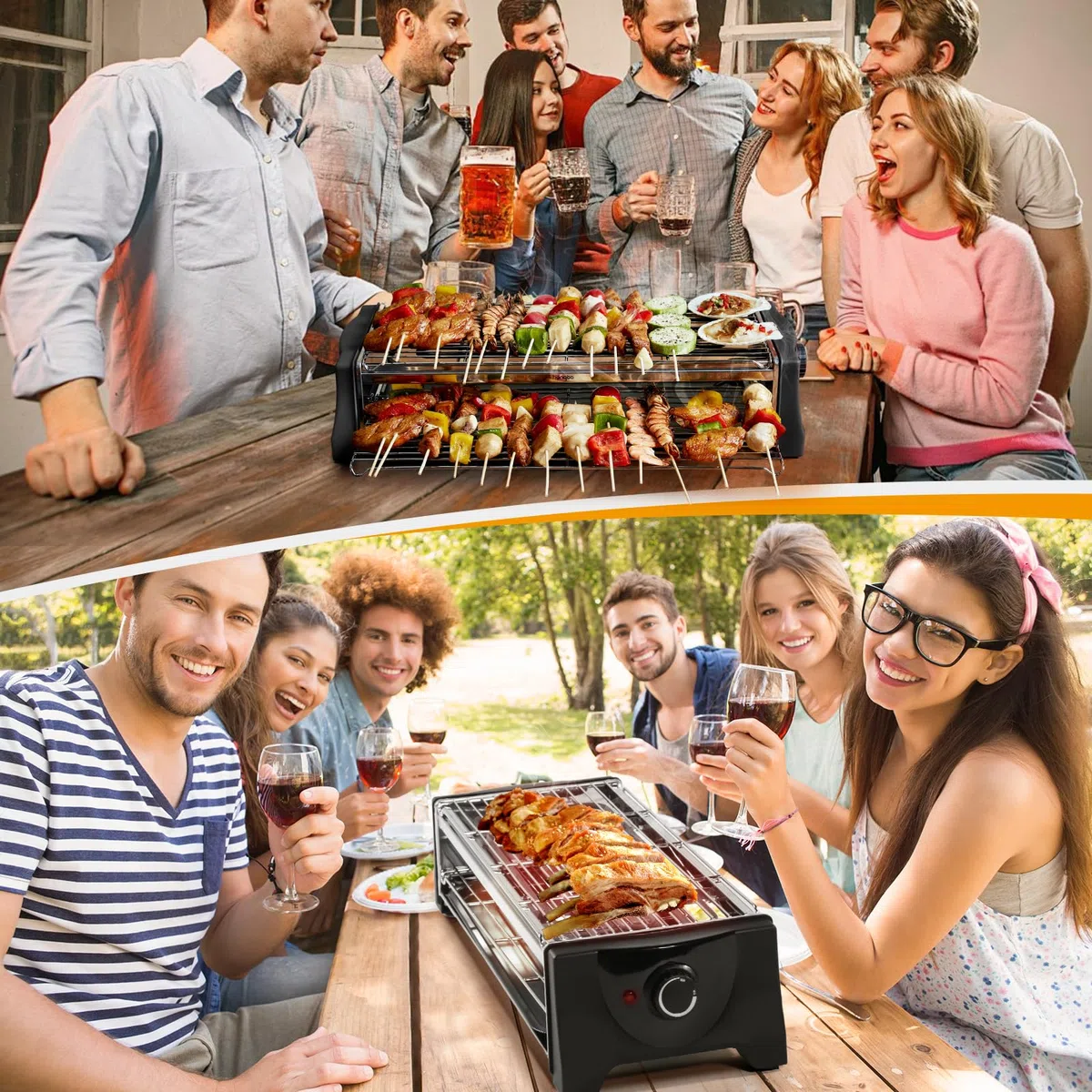 Griglia Barbecue Senza Fumo Barbecue Piastra Elettrica da Tavolo, Grill Elettrico BBQ Doppio Strato con Vassoio Raccogligrasso, Antiaderente Grill per Balcone e Giardino - 2200W