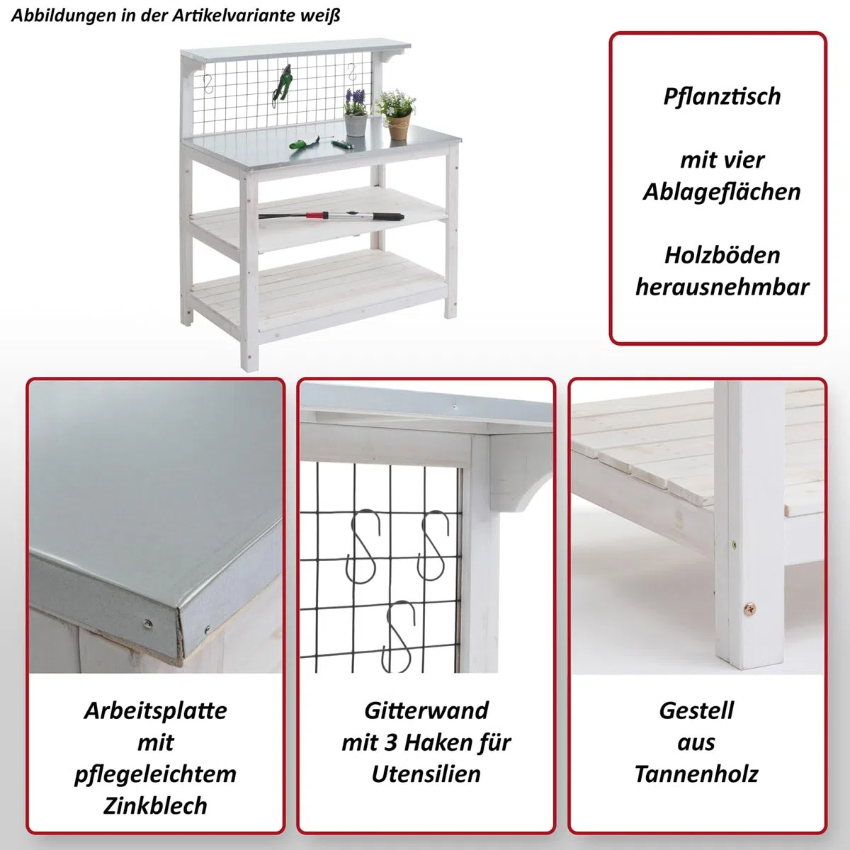 Mendler Tavolo giardinaggio piante HWC-N55, scaffale per fiori, piano zincato legno certificato MVG, 117x102x56cm - bianco