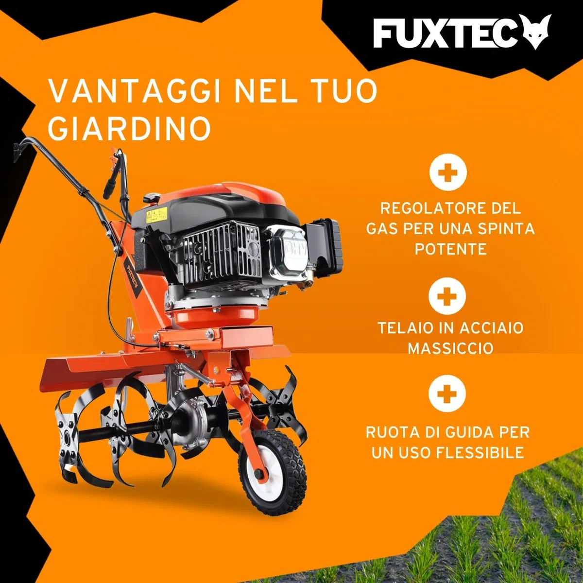 Fuxtec Motozappa a scoppio FX-AF1139 Set motocoltivatore a benzina 4 tempi 139cc 2,2kW con estensione della larghezza di lavoro da 36 a 66cm Coltivatore profondità regolabile fino a 30cm