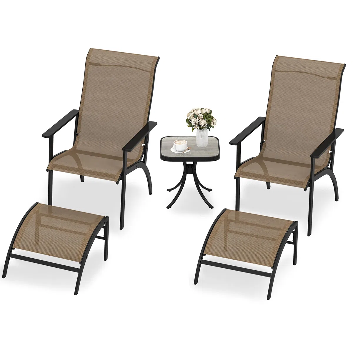 KOMFOTTEU Set di Mobile da Giardino in 5 Pezzi, Set Tavolo e Sedie da Balcone in Tessuto Textilene, Set da Bistrò con Tavolo, 2 Sedie Adirondack e 2 Poggiapiedi per Terrazza, Bordo di Piscina, Marrone