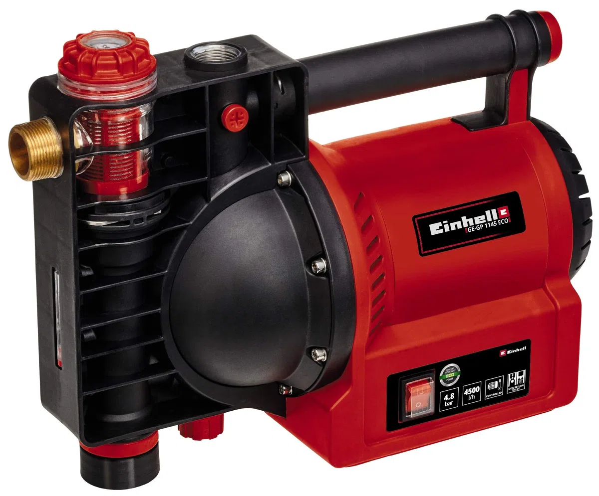 Einhell GE-GP 1145 ECO Pompa autoadescante (1100 W, portata max 4500 L/h, prevalenza 48 m, altezza aspirazione max 8m, pressione max 4,8 bar, indicatore di riempimento, prefiltro)