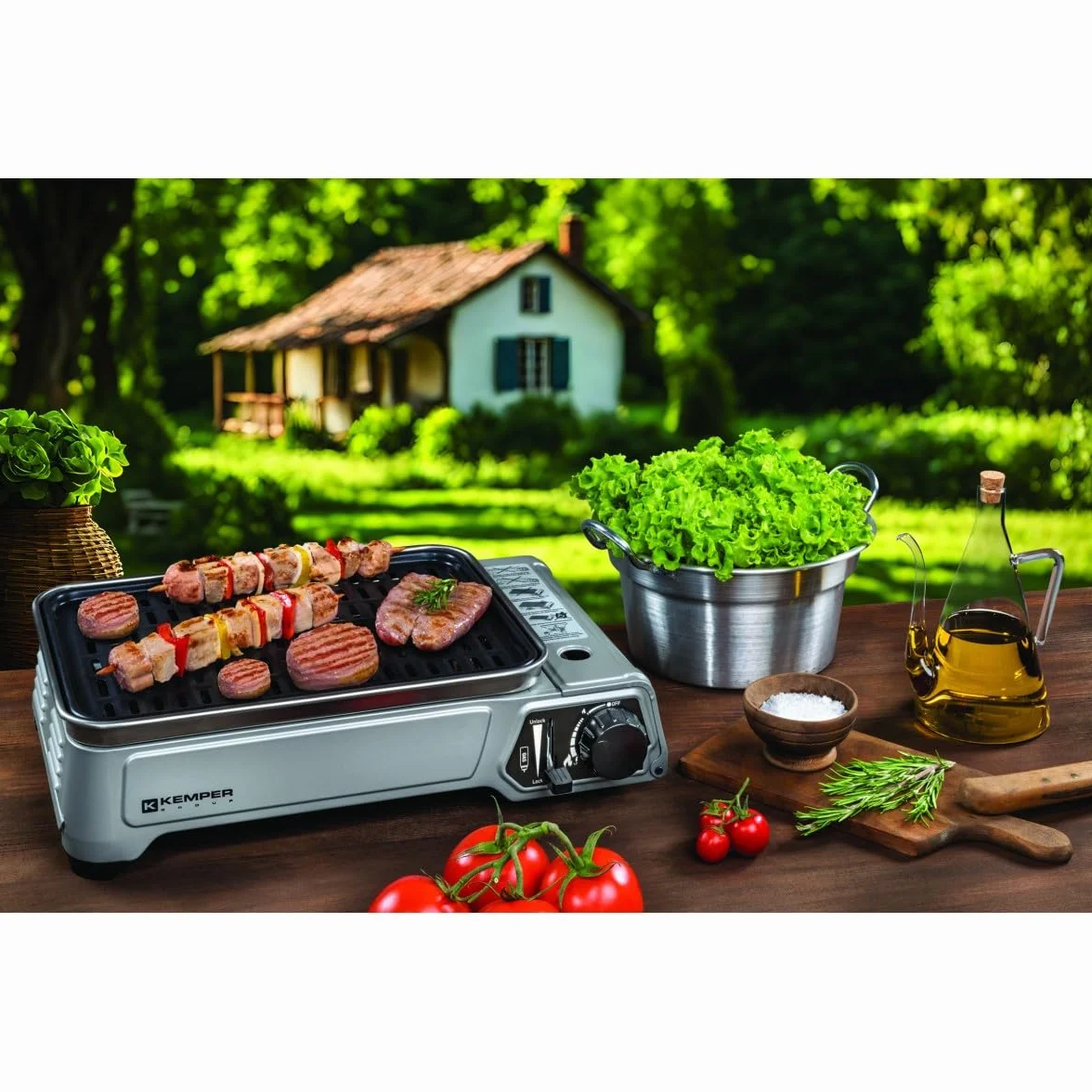 Kemper - Barbecue a gas portatile da 1900 W, griglia anti aderenza + 8 cartucce gas butano - Piccolo barbecue a gas ideale per campeggio, terrazza, esterno