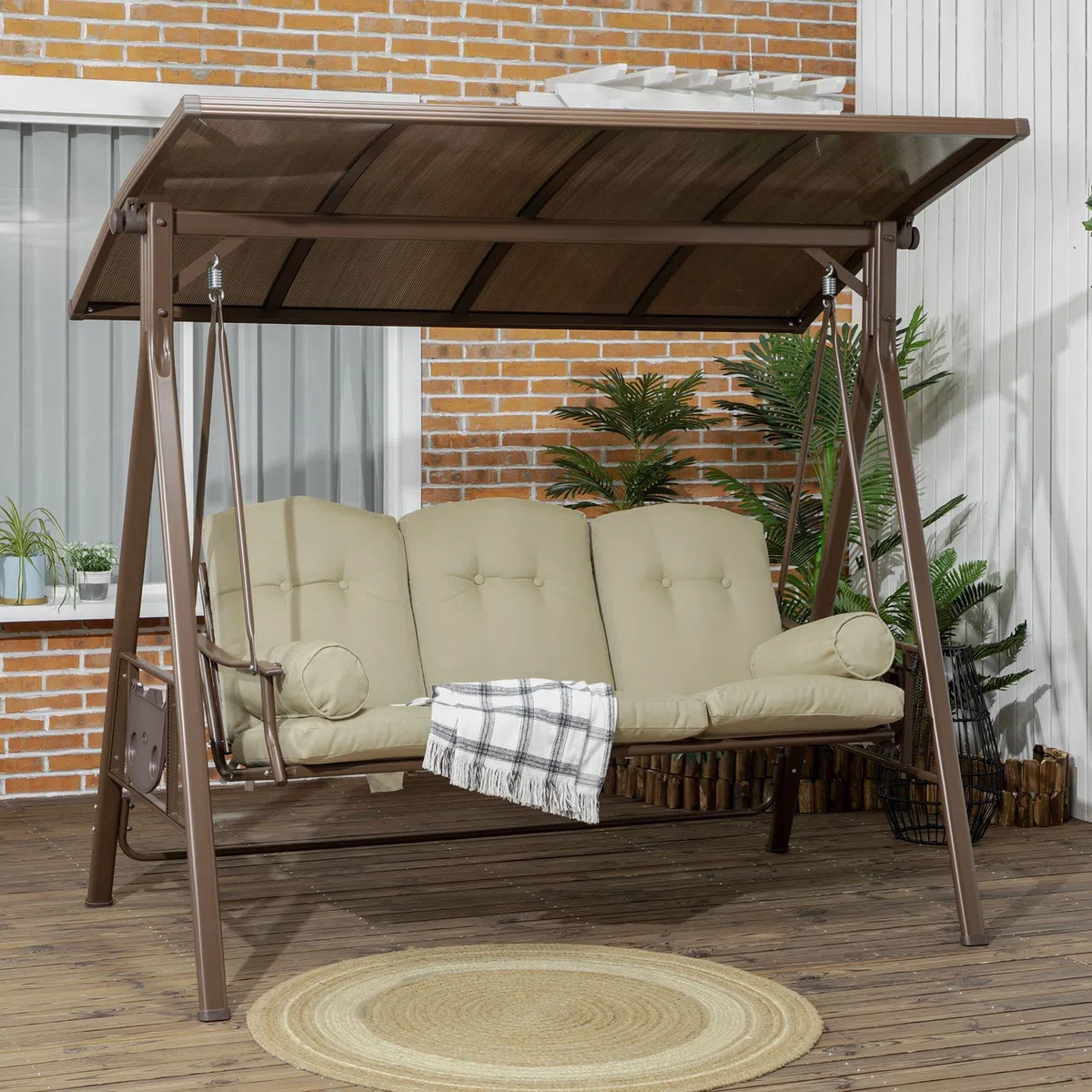 Outsunny Dondolo da Giardino 3 Posti in Acciaio e Poliestere con Tettuccio Inclinabile in PC e Cuscini per Schienale e Braccioli, 208x120x174 cm, Marrone e Kaki