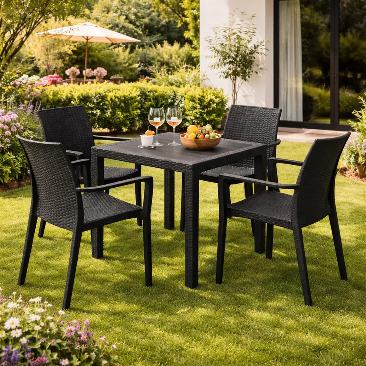 PALUPLUS Set Tavolo Quadrato con 4 Sedie Rattan in Plastica color Antracite, Misura Tavolino 79x79x72 cm, Sedia CON Braccioli, Arredo per Esterno, Terrazzo -KIN024F/DUK702F-23