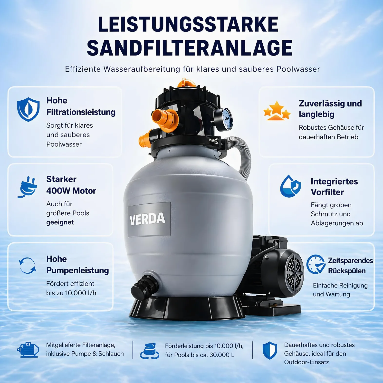 Verda Sistema di filtraggio a sabbia, pompa 10000 l/h, 400 W, con sfere filtranti, 10 m, altezza di mandata 38 mm, attacco 220-240 V, 50 Hz, filtro piscina SN5882