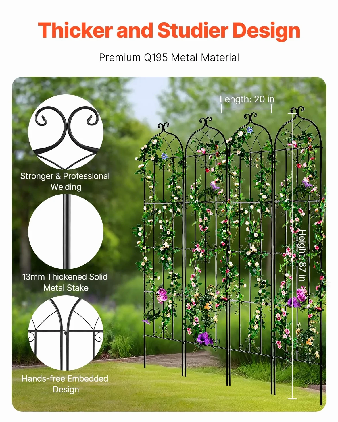 VEVOR Traliccio da Giardino Rampicanti per Piante Fiori in Metallo Antiruggine, Supporto per Traliccio per Rose Rampicanti Esterno, Traliccio Decorativo per Clematide Alta Cortili 51 x 220 cm 4 Pezzi