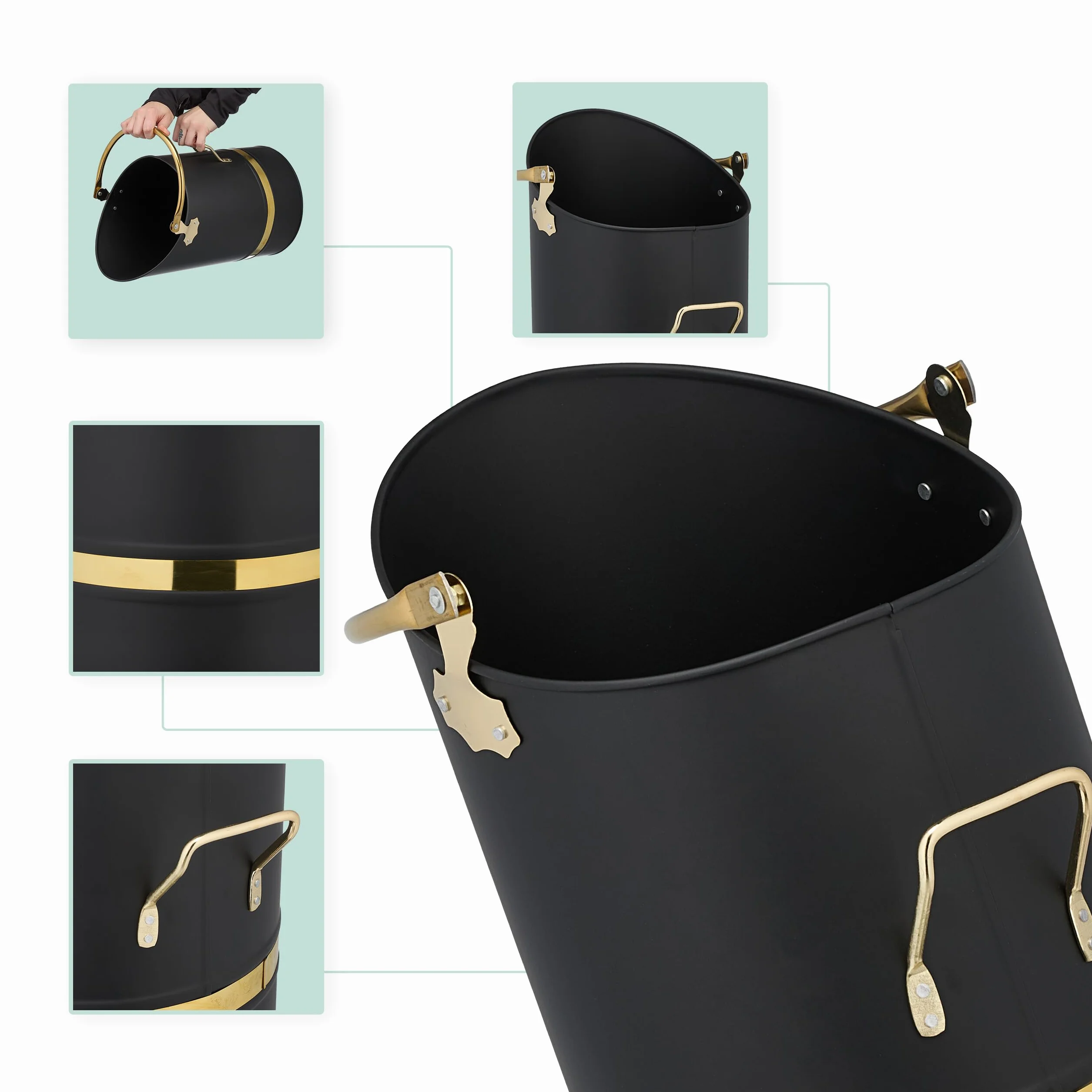 Relaxdays Contenitore Porta Carbone da Camino, Secchio Pellet Caminetto, Secchiello Portacenere da 12 L, Ferro, Nero Oro