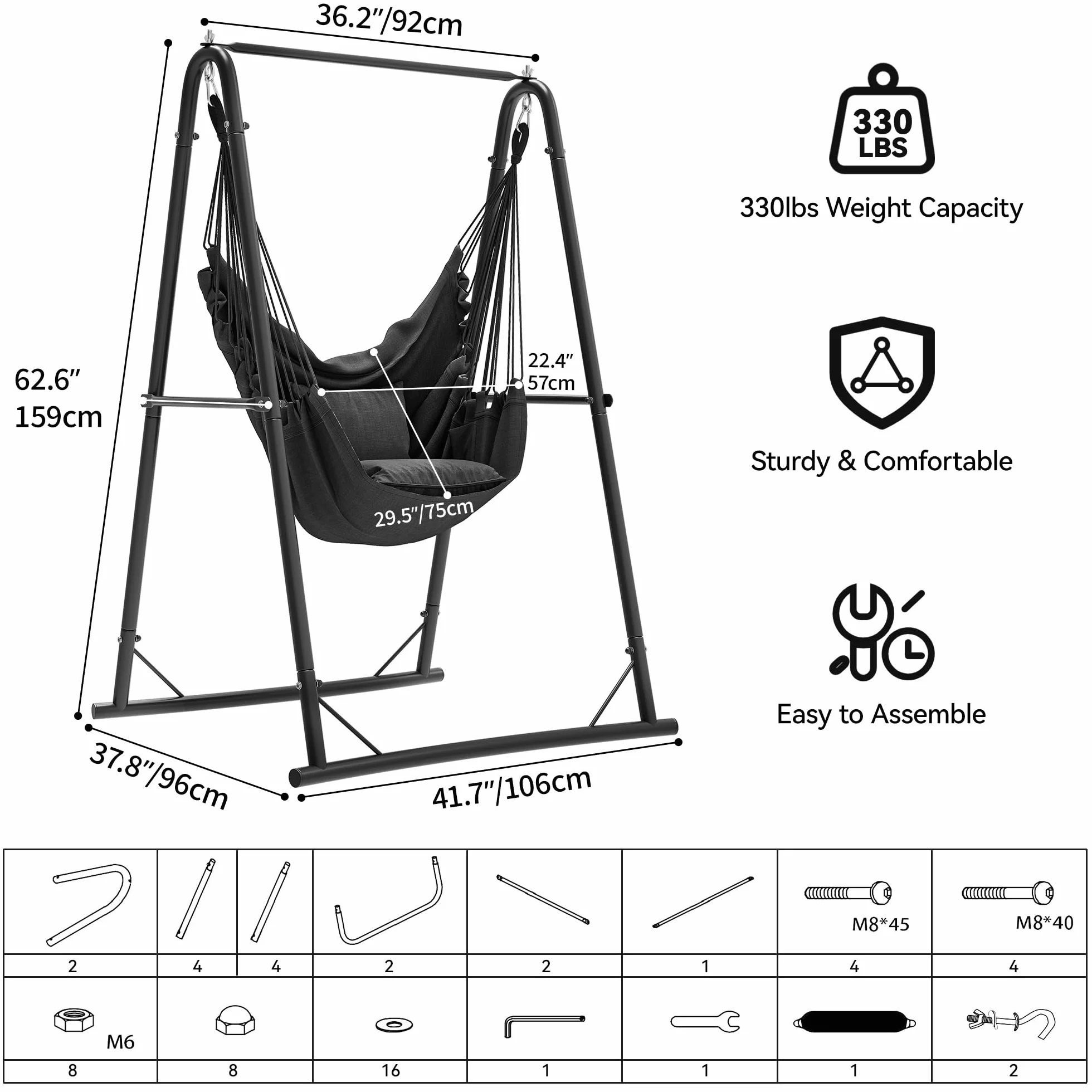 YITAHOME Poltrona sospesa con telaio 105 x 93 x 160 cm, stabile struttura in acciaio, supporto per amaca con altalena sospesa, carico massimo 150 kg, sedia a dondolo con 2 ganci e 2 cuscini per