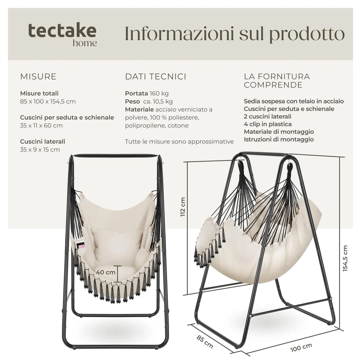 tectake® Poltrona Sospesa Boho con Cuscini, Tasca Laterale, Tessuto Misto Cotone-Poliestere, Telaio in Acciaio, Capacità 160 kg, Arredamento Casa e Giardino, per Interni ed Esterni - Beige