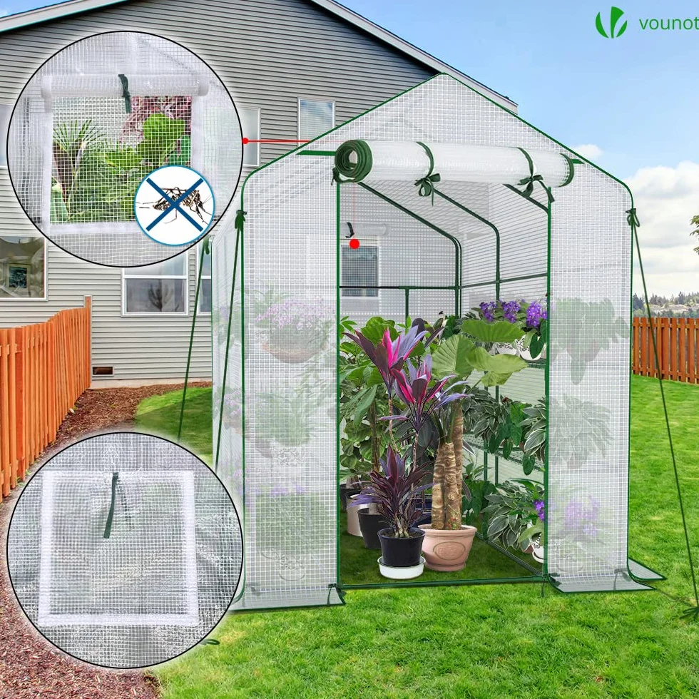 VOUNOT Serra da Giardino 143x215x195 cm con Porta Avvolgibile e Finestra di Osservazione, Mini Serra Orto Vivaio per Piante 12 Ripiani per Fiori Verdure Crescita, Bianco