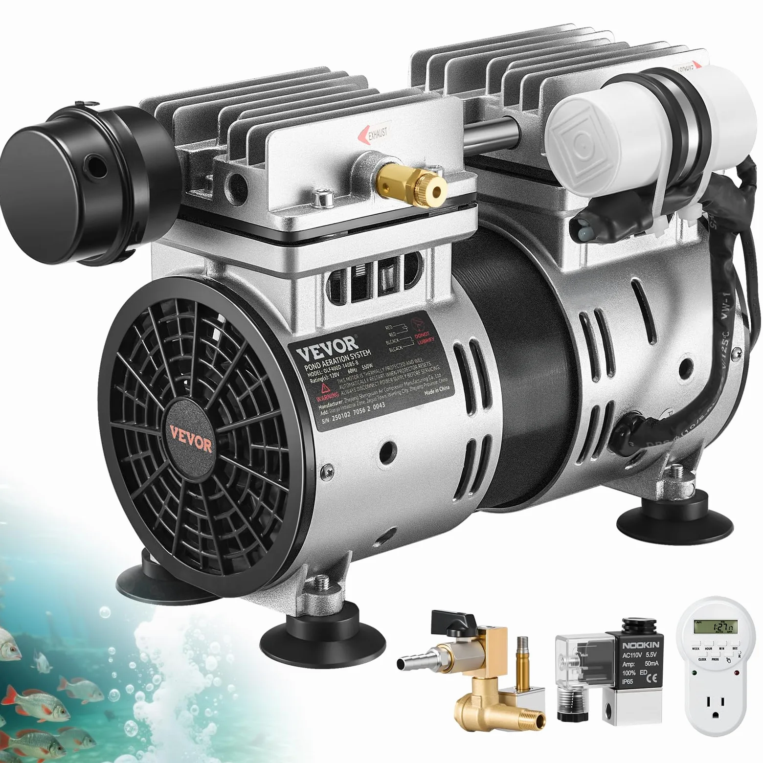 VEVOR Aeratore per Laghetto, Potenza 550 W 8,83 CMH per Lago Kit di Aerazione per Laghetto Include Compressore Timer Valvole, Compressore d'Aria per Circolazione dell'Ossigeno in Acque Profonde