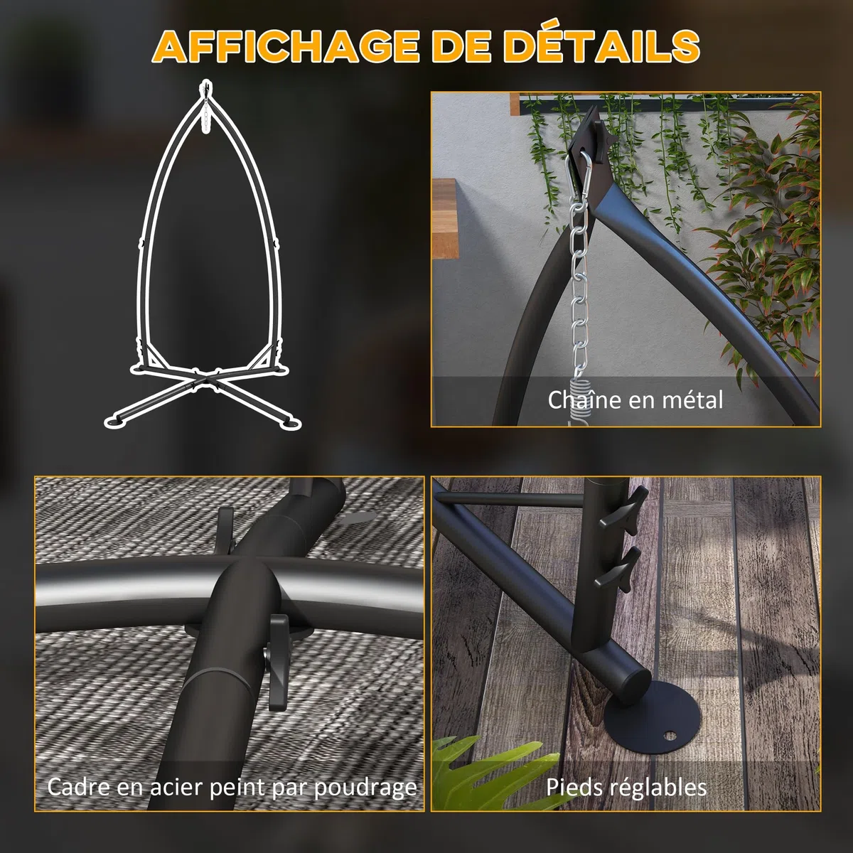 Outsunny Supporto per Poltrona sospesa - Supporto per Poltrona sospesa, Altezza 215 cm - Carico Massimo consigliato 130 kg, Metallo Nero