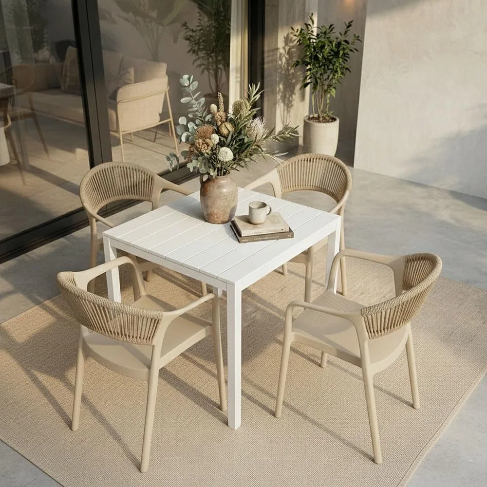 SIEDITI FUORI E DENTRO Sedie impilabili in polipropilene con fibra di vetro per esterno/giardino con schienale in corda, idrorepellenti e resistenti, design moderno - Jolanda (6, Crema)