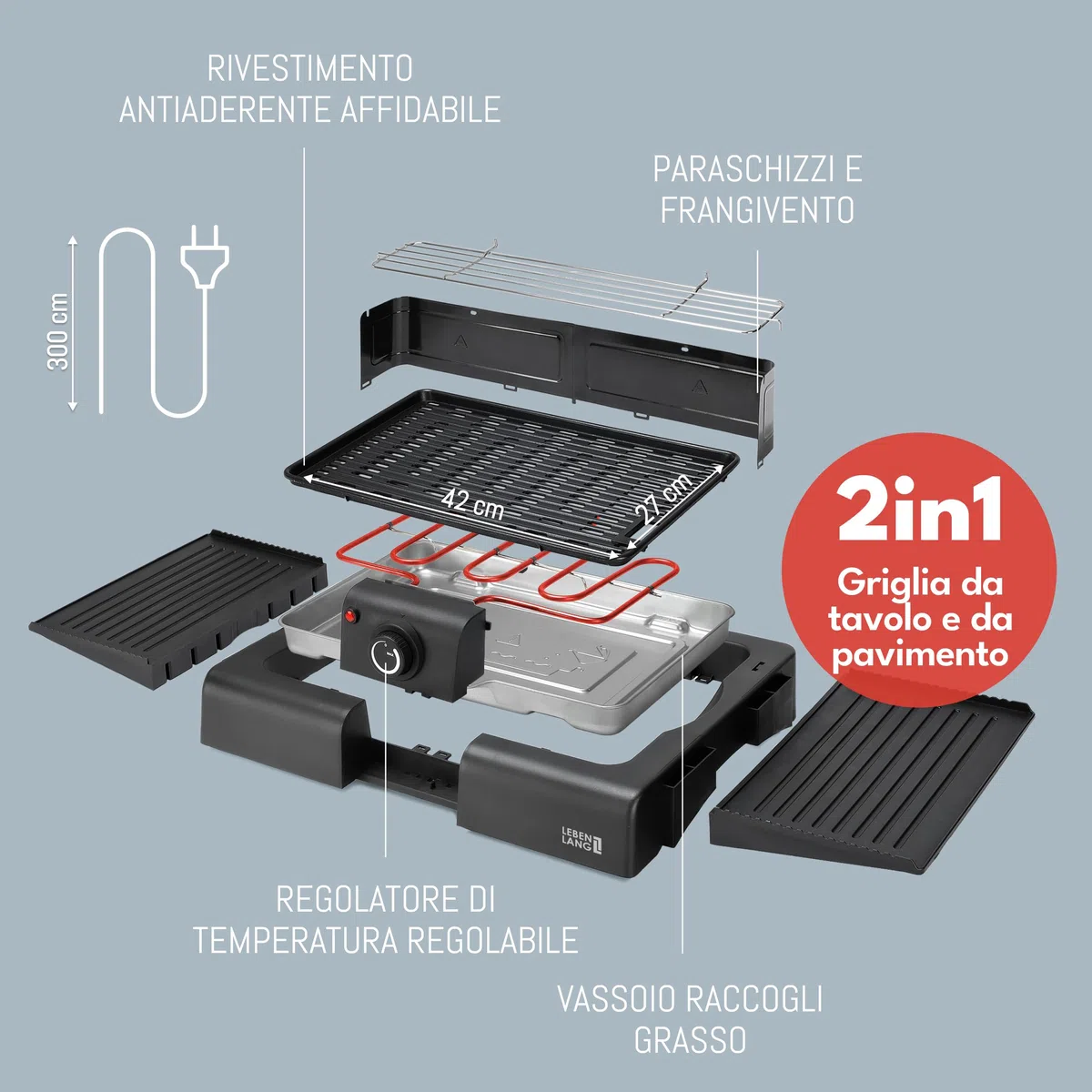 LEBENLANG 2in1 Griglia Elettrica Barbecue Elettrico - Incluso supporto & pinze per grigliare I Grill Elettrico Barbecue Elettrico da Esterno I BBQ Grande con Piedi da Balcone Graticola Arrosticini XXL