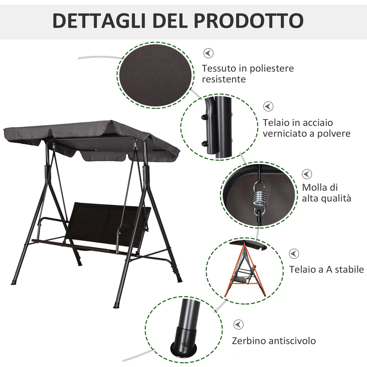 Outsunny Dondolo da Giardino 2 Posti in Rattan con Tettuccio Parasole Regolabile, Dondolo da Esterno con Struttura in Acciaio, Portata 180 kg, 140x110x151 cm, Marrone e Grigio