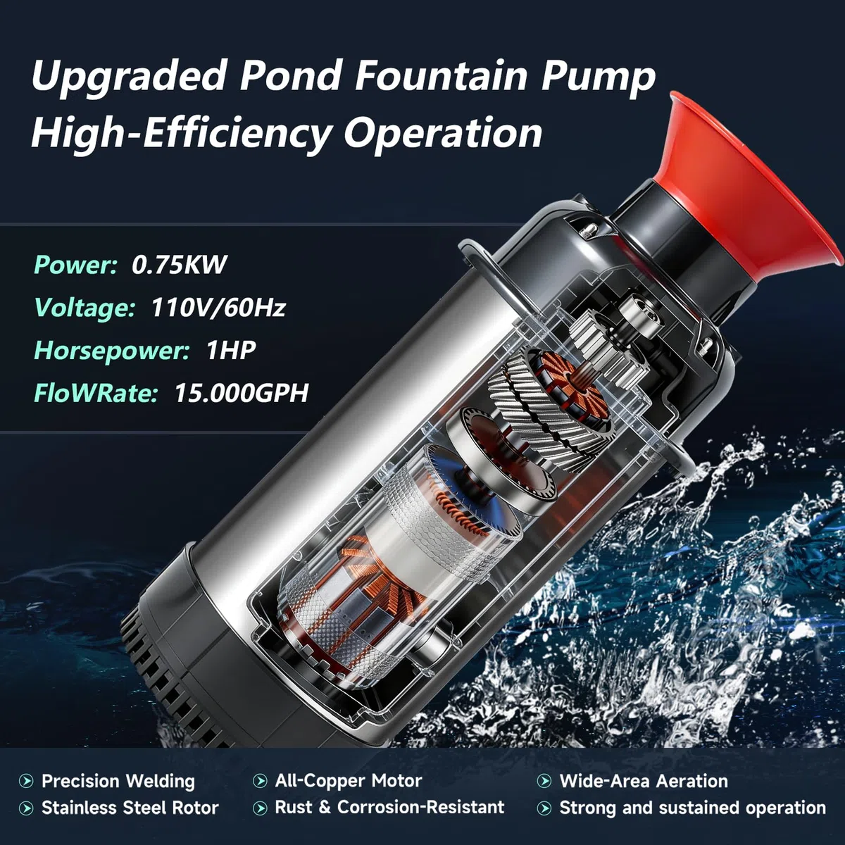 Aeratore per fontana per laghetti, pompa galleggiante da 1 HP 15000 GPH con timer e cavo da 30 m, sistema a getto in acciaio inox, per grandi laghetti e laghi all'aperto