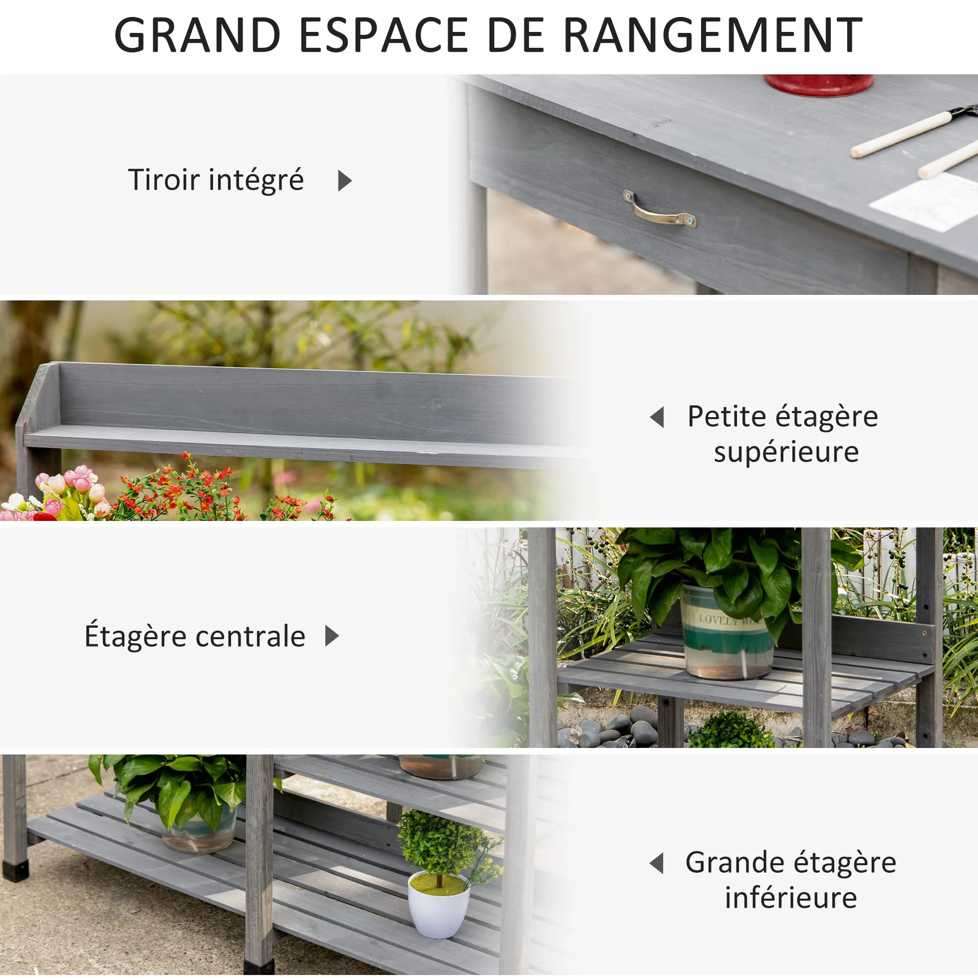 Outsunny Tavolo da giardinaggio multifunzionale con cassetto, 3 ripiani, lavello, 3 ganci - tavolo da giardinaggio in legno di abete preoliato grigio