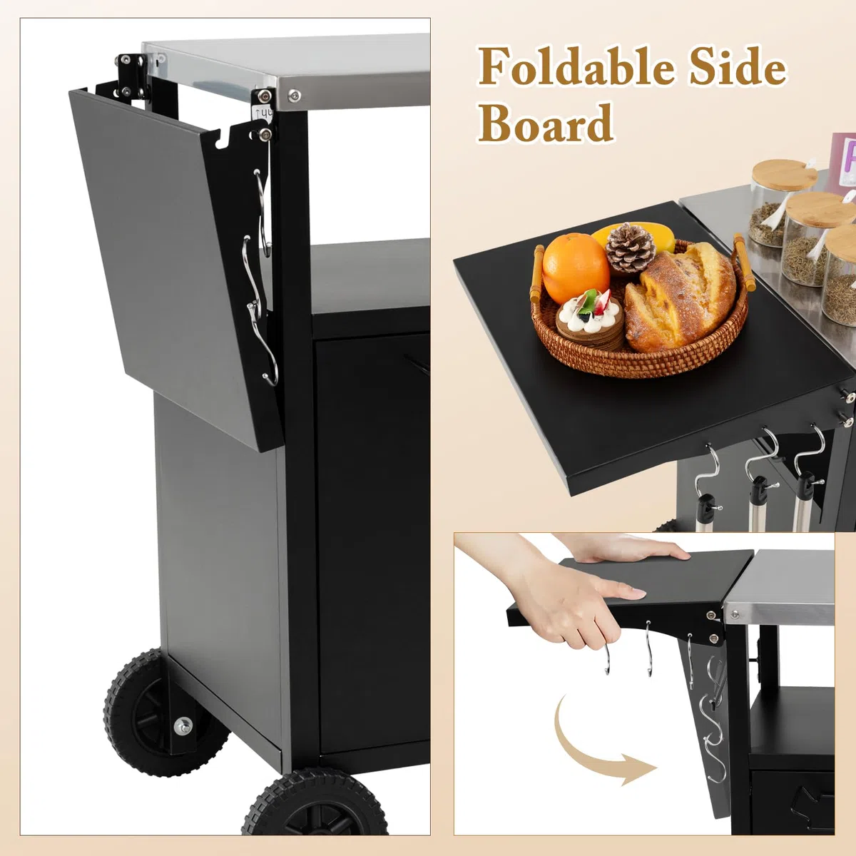 GIANTEX Carrello da Cucina Esterno con Piano in Acciaio Inox, Tavolo Laterale Pieghevole, Ruote e Supporto per Sacco della Spazzatura