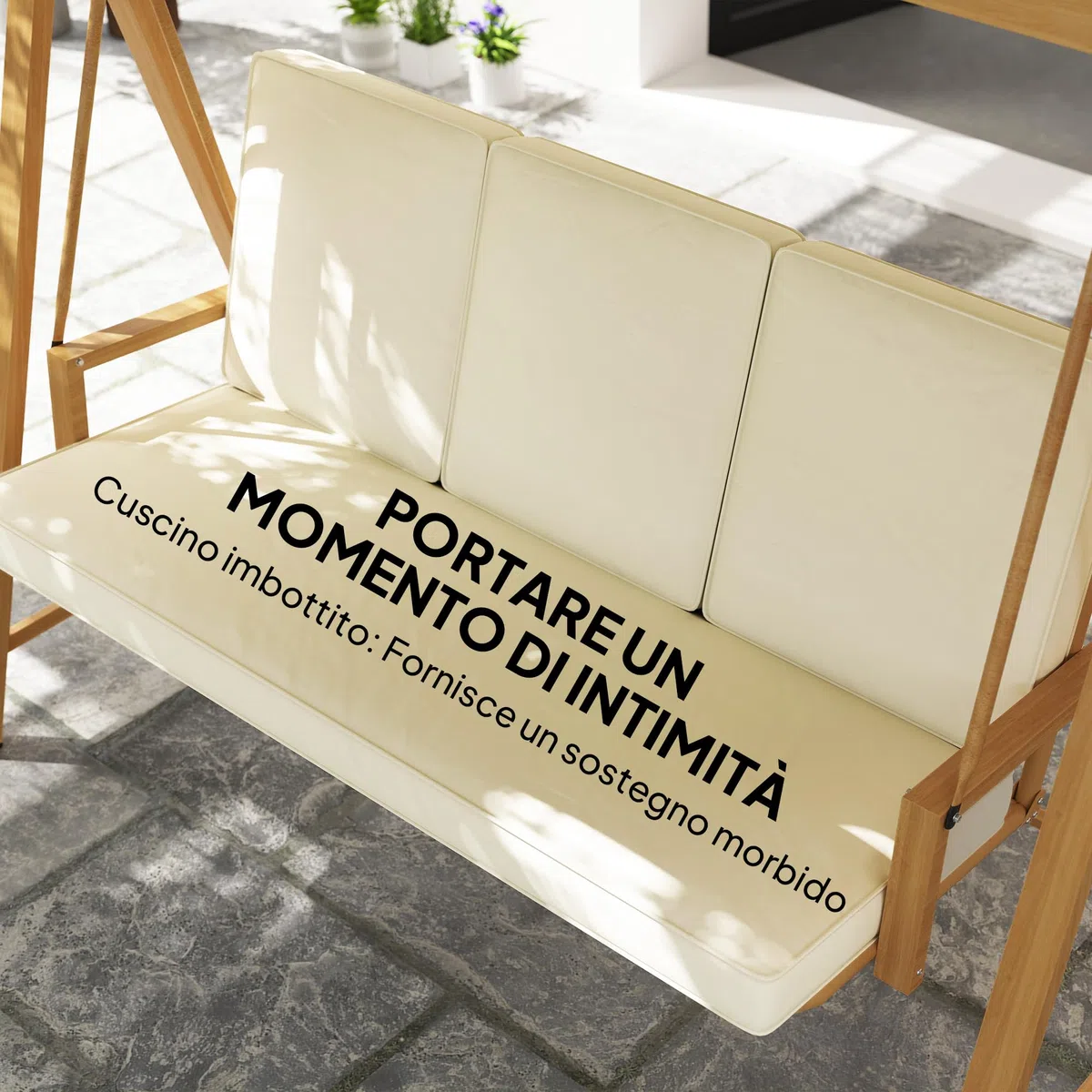 Outsunny Dondolo da Giardino 3 Posti con Tettuccio Parasole Regolabile, Dondolo da Esterno con Cuscini e Struttura in Metallo Effetto Legno, Portata Fino a 330 kg, UV 30+, 195x120x170 cm, Beige