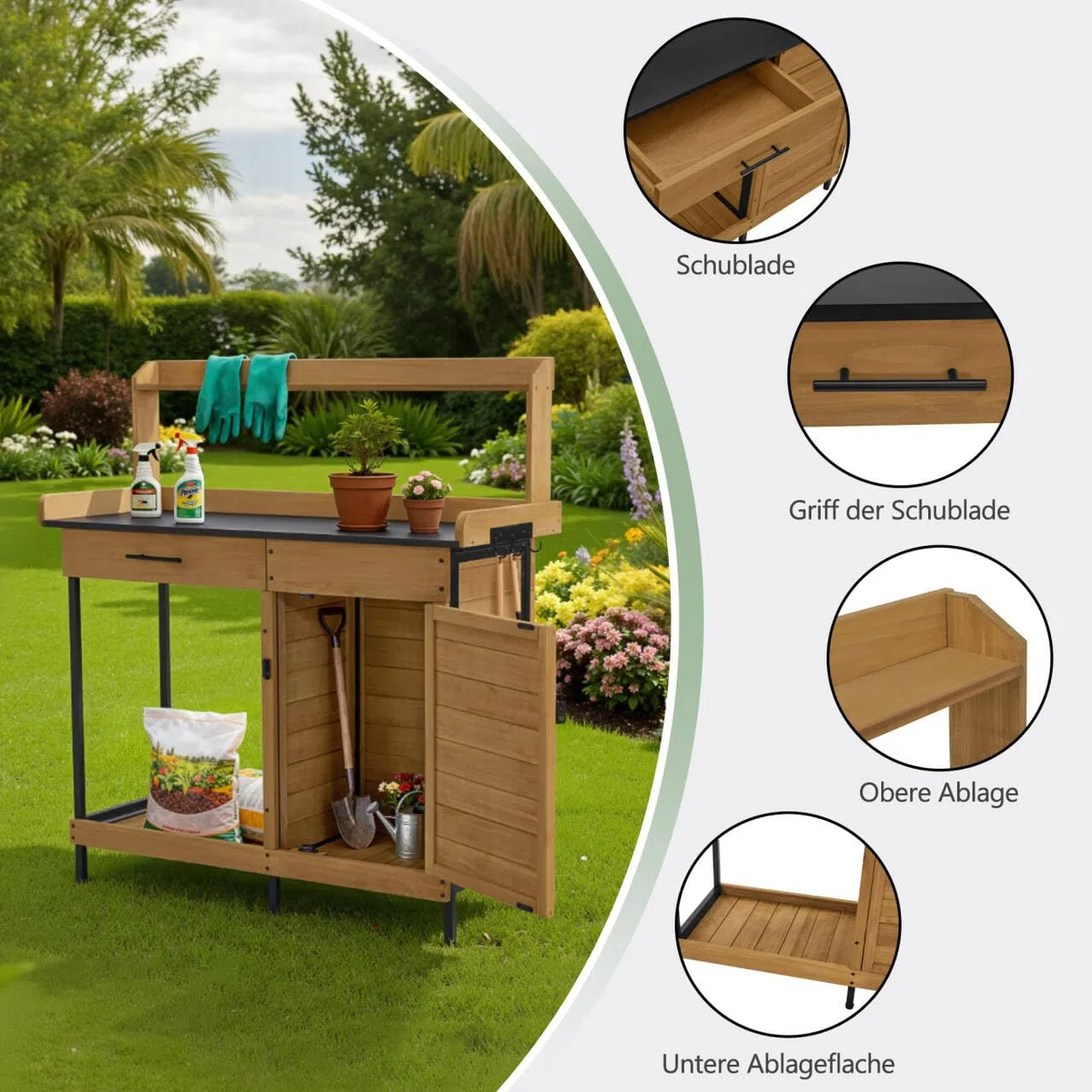 M MCombo Tavolo da Giardinaggio con piano di lavoro zincato e mobile inferiore. Tavolo da rinvaso in legno di abete resistente alle intemperie, con 3 ganci. Per giardino, balcone e terrazza, 2049
