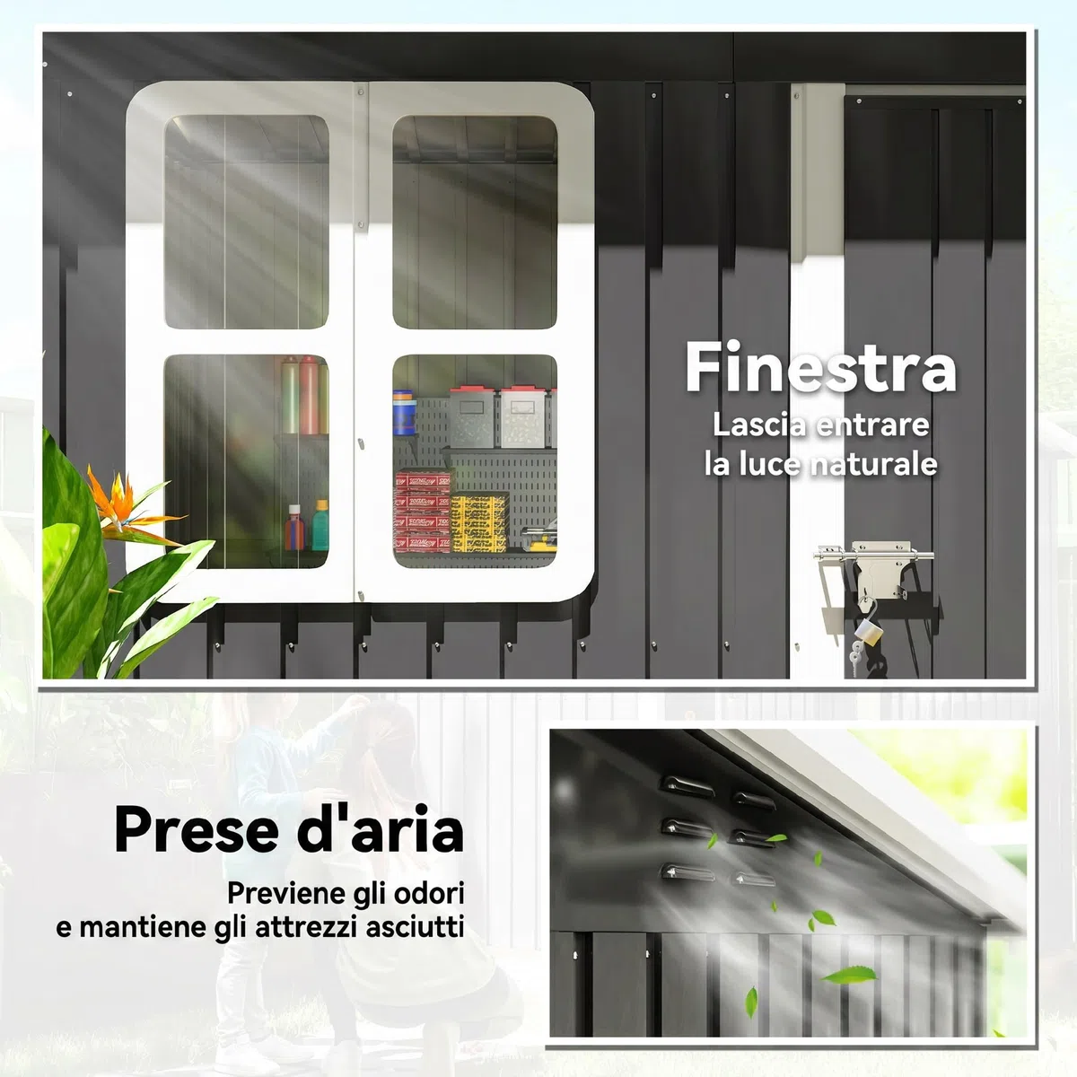 Outsunny Casetta da Giardino 2.55m² in Acciaio Zincato, con Kit di Fondazione, Capanno da Giardino Porta Attrezzi con Porta Bloccabile, Tetto Inclinato, Finestra, per Esterno, Grigio Scuro