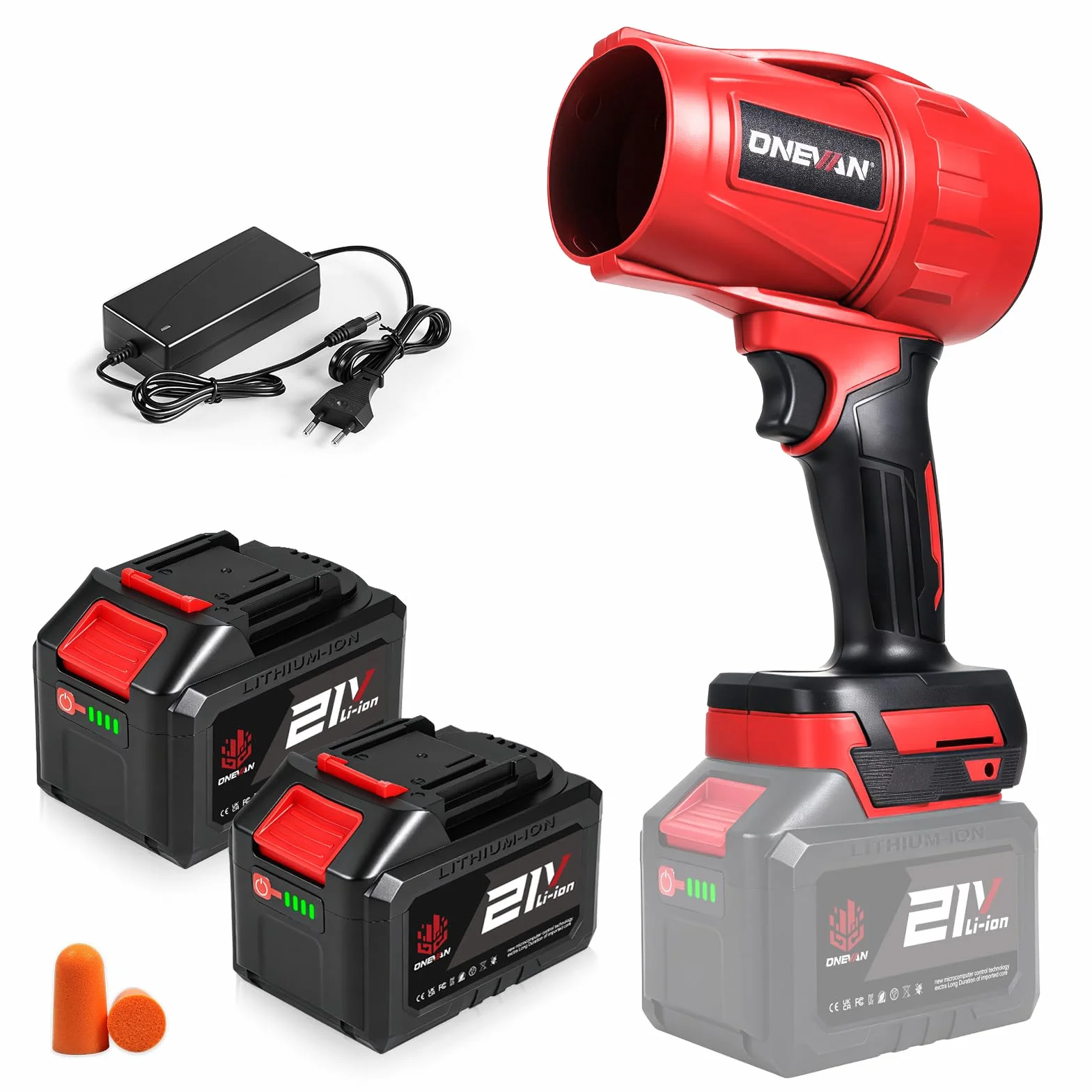 ONEVAN Turbo Soffiatore a Batteria, 600km/h Soffiatore per Foglie Brushless con 2 Batterie 4,5Ah e Caricabatterie 1,2A, Forza Soffiante 1,5kg, Soffiatore Elettrico Portatile per Foglie, Polvere e Neve