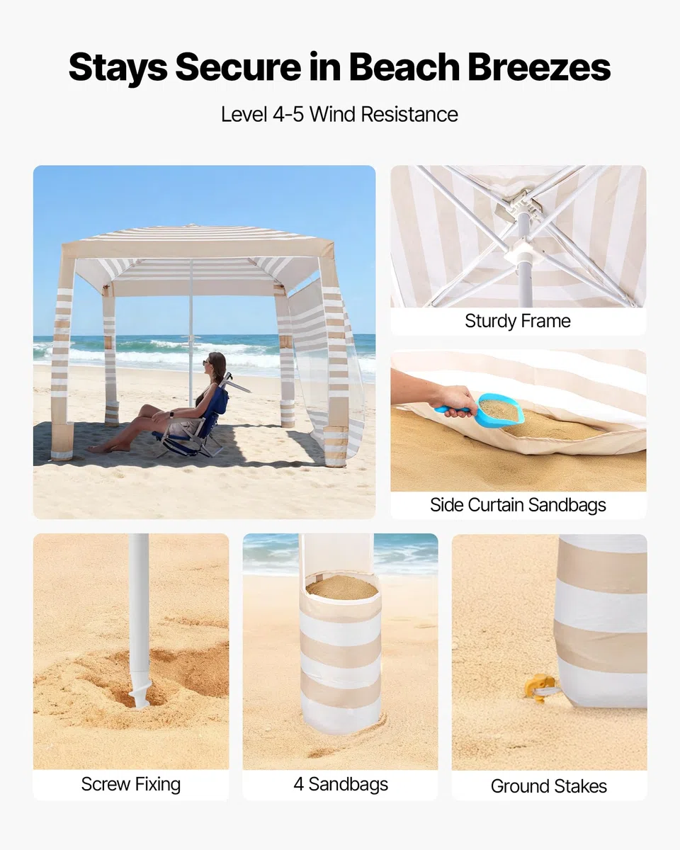 VEVOR Tenda da Spiaggia per Esterno da 2438 x 2438 mm con Parete Laterale, Protezione UPF 50+, Facile da Montare con Tasche per la Sabbia, Ombrellone Parasole Portatile Regolabile in Altezza