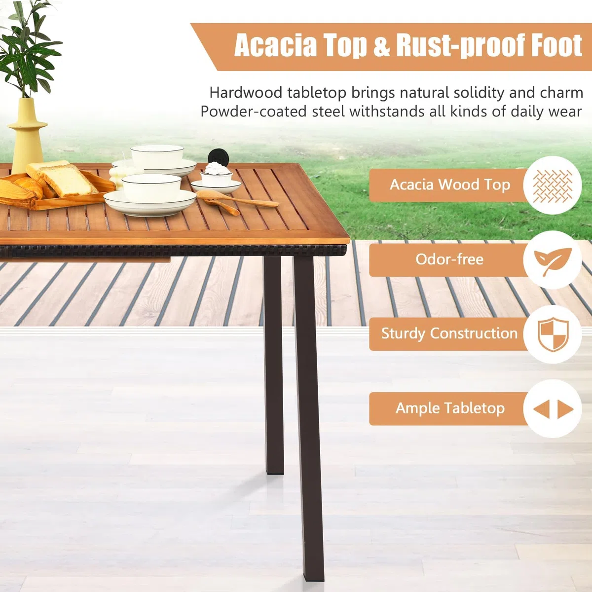 RELAX4LIFE Tavolo da Giardino in Legno di Acacia con Foro Ombrellone 6 cm, Gambe in Metallo, per 6 Persone, Design a Doghe per Esterno, Terrazza, Patio, Portata 50KG (140x75x76cm, Rettangolare)