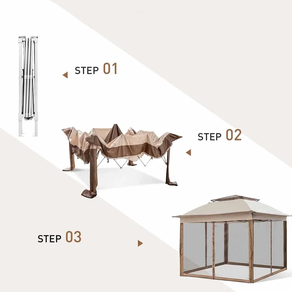 BAKAJI Gazebo 3 x 3 metri Pieghevole con Zanzariere Tessuto Poliestere Impermeabile Struttura in Metallo Richiudibile a Fisarmonica Tendone Portatile Fiera Mercato Giardino Esterno + Custodia Beige