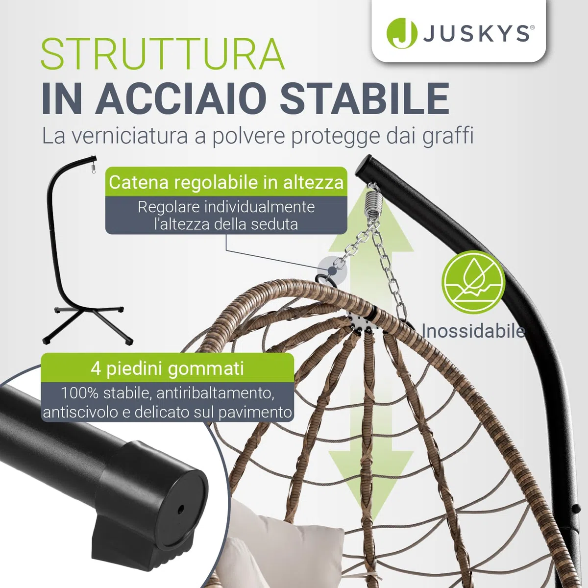 Juskys Sedia sospesa Lani con cuscini - regolabile in altezza e pieghevole - polyrattan dondolo sospeso per esterni e interni - Poltrona a uovo sospesa Beige fino a 130 kg