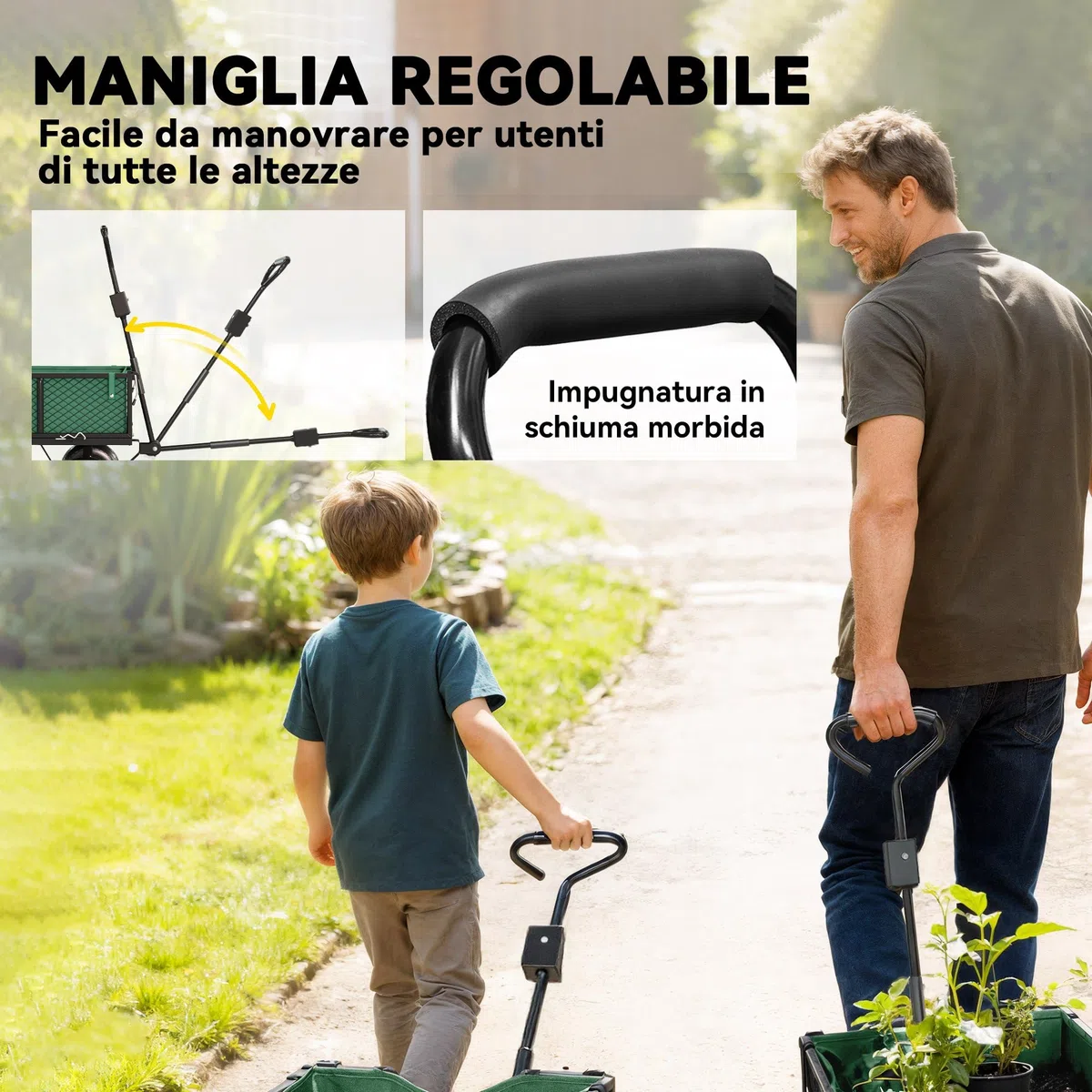 Outsunny Carrello da Giardino da 114L con 4 Ruote Grandi Capacità 200 kg, Carrello Spiaggia in Acciaio con Sacca Portaoggetti, Pareti Laterali Rimovibile e Maniglia Girevole, 105x51x54 cm, Verde