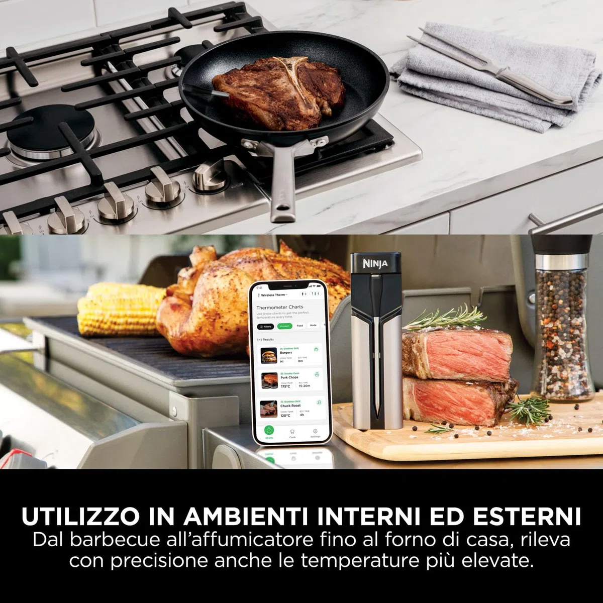 Ninja ProChef Termometro a Sonda Wireless per Carne, per Grigliare e Friggere ad Aria, con Bluetooth, Durata Batteria di 30 ore, Controllabile con App, Resistente al Calore, Impermeabile, WP100EU