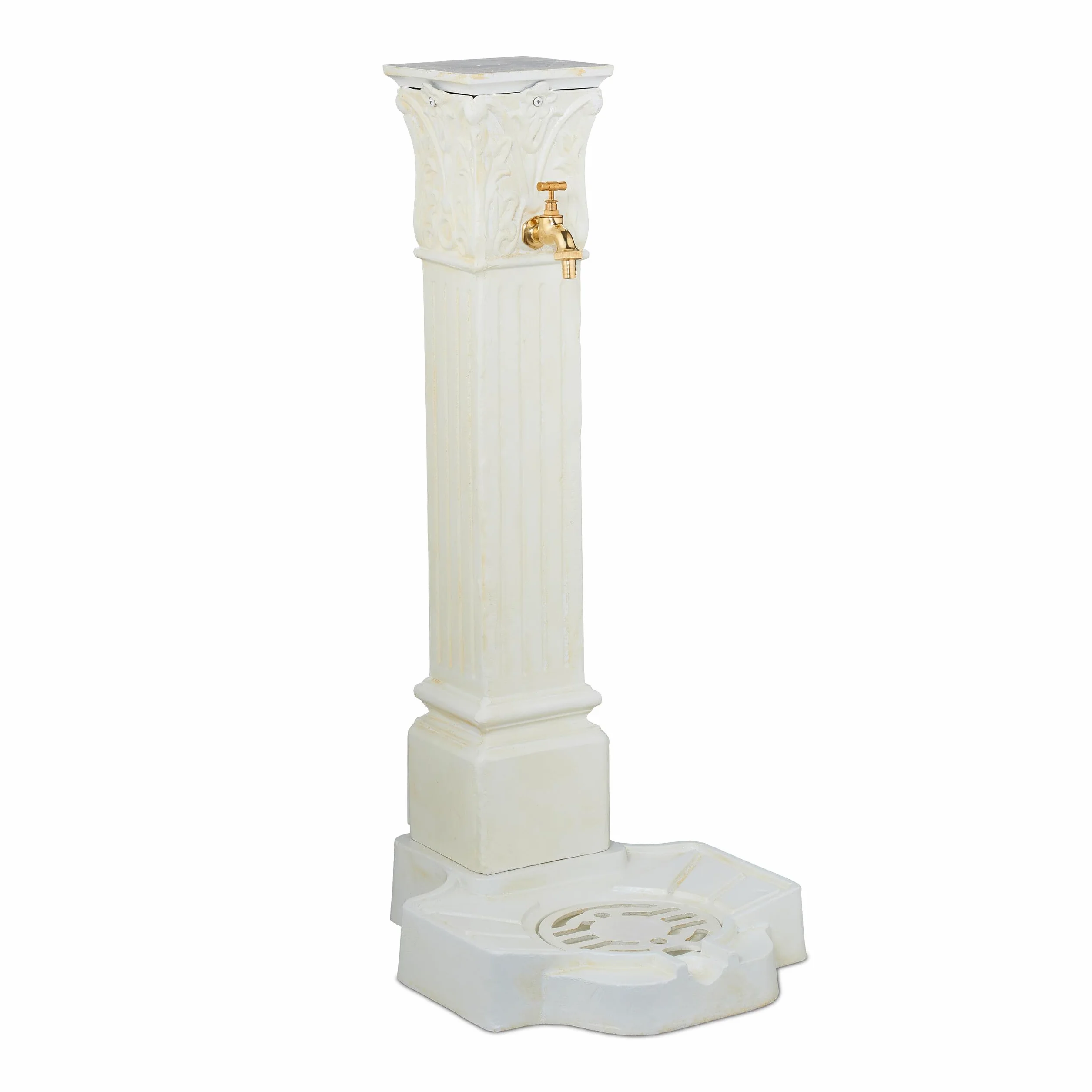 Relaxdays Fontana da Giardino in Stile Antico, Fontanella a Colonna con Rubinetto e Vaschetta, HLP: 93x47x38 cm, Bianco