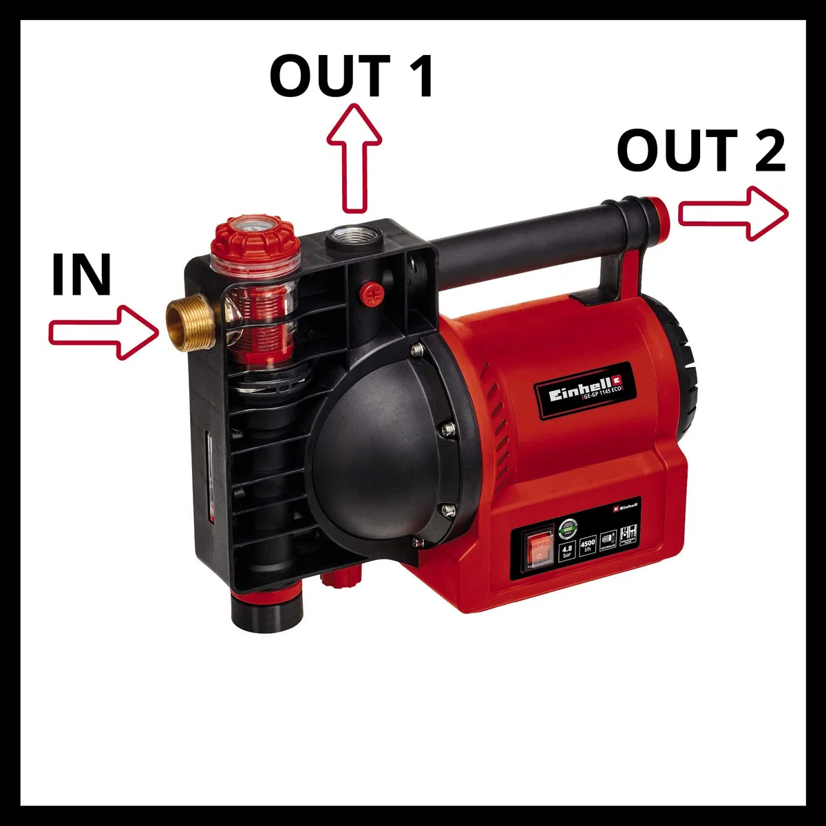 Einhell GE-GP 1145 ECO Pompa autoadescante (1100 W, portata max 4500 L/h, prevalenza 48 m, altezza aspirazione max 8m, pressione max 4,8 bar, indicatore di riempimento, prefiltro)
