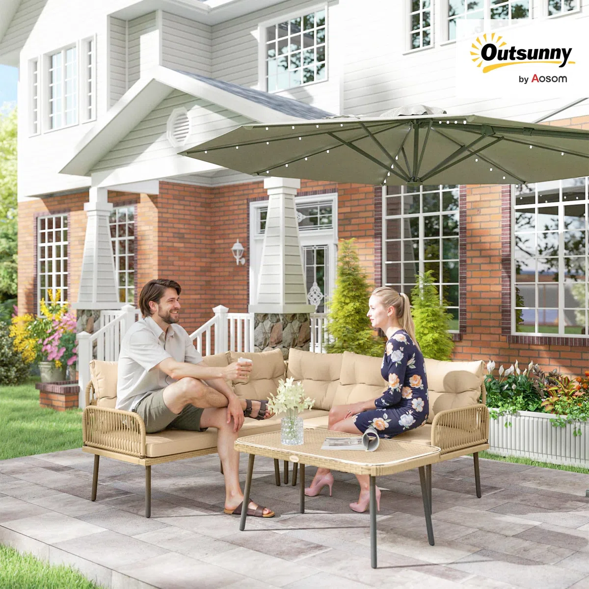 Outsunny Set di Mobili da Giardino in Rattan 4 Pezzi, Salotto da Esterno con 2 Divano a 2 Posti, Poltrona Angolare, Tavolino da Caffè in Vetro e Cuscini Lavabili, Struttura in Acciaio, Naturale/Beige