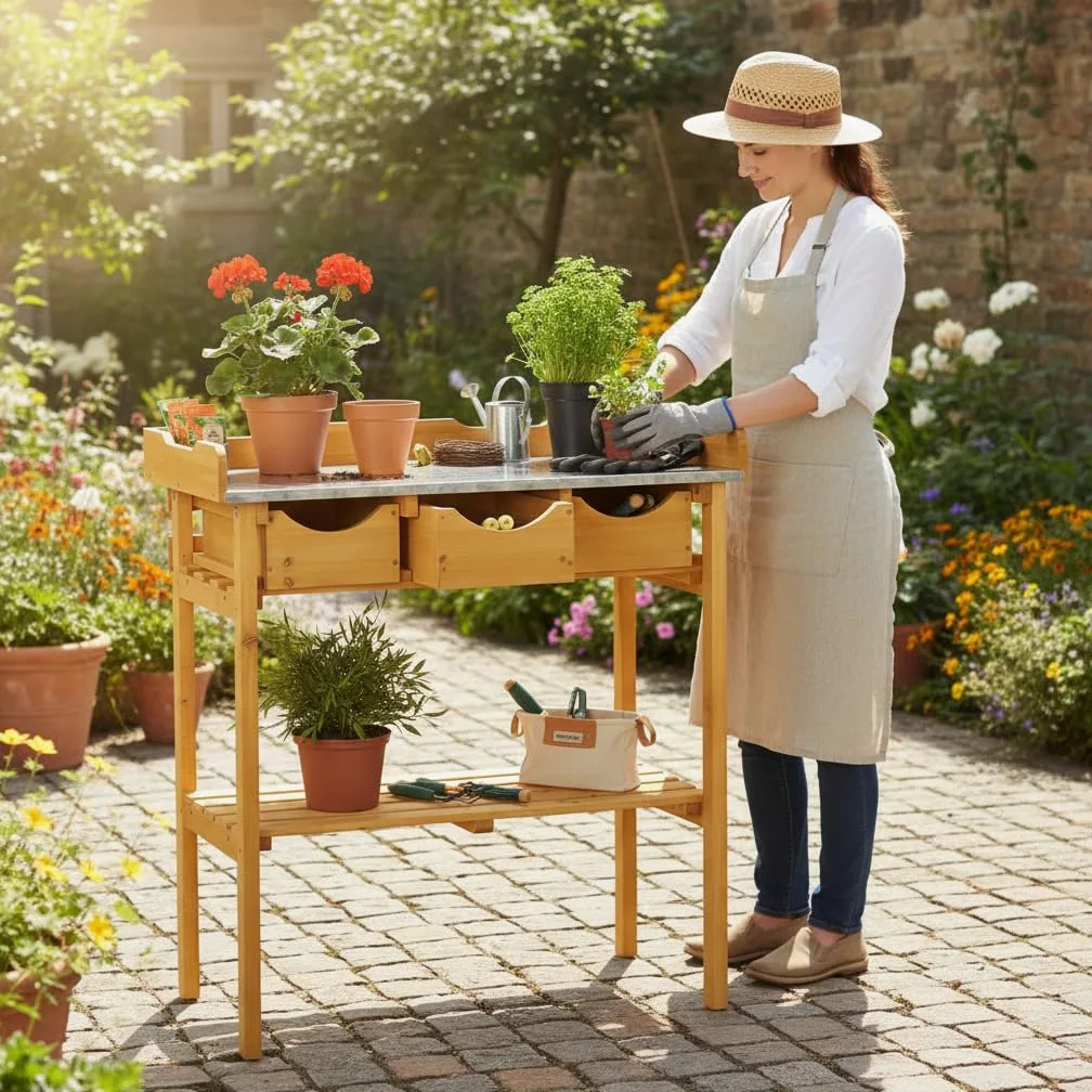Melko Tavolo da lavoro per giardino Tavolo da giardino Tavolo per piante con TRE cassetti in stile country in legno di abete per esterni, 80 x 40 x 82 cm, marrone miele