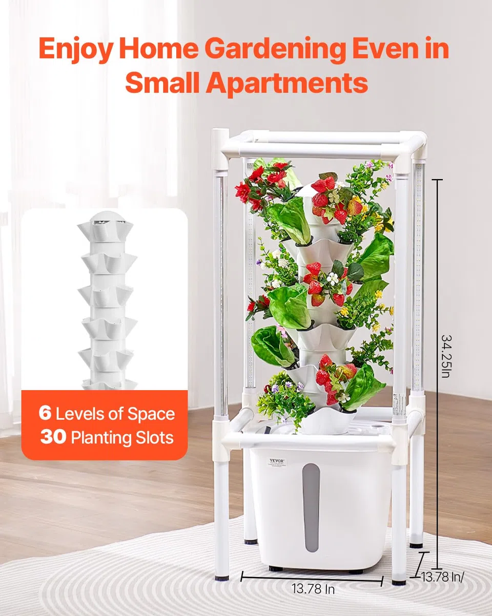 VEVOR Sistema di Coltivazione Idroponica, 30 Baccelli Verticali a 6 Livelli, Torre Idroponica Mobile con Pompa dell'Acqua e Luce, Germinazione Interna, per Erbe Aromatiche Frutta Verdura