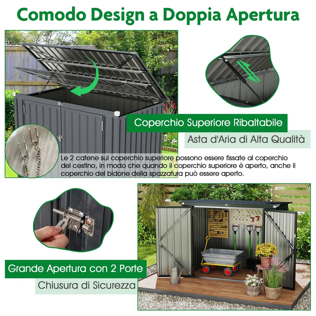 COSTWAY Casetta per Spazzatura Esterna 1,51㎡, Capanno da Giardino Bloccabile in Metallo Zincato Resistente alle Intemperie con Doppie Aperture e 2 Porte, Ripostiglio per Patio (Grigio)