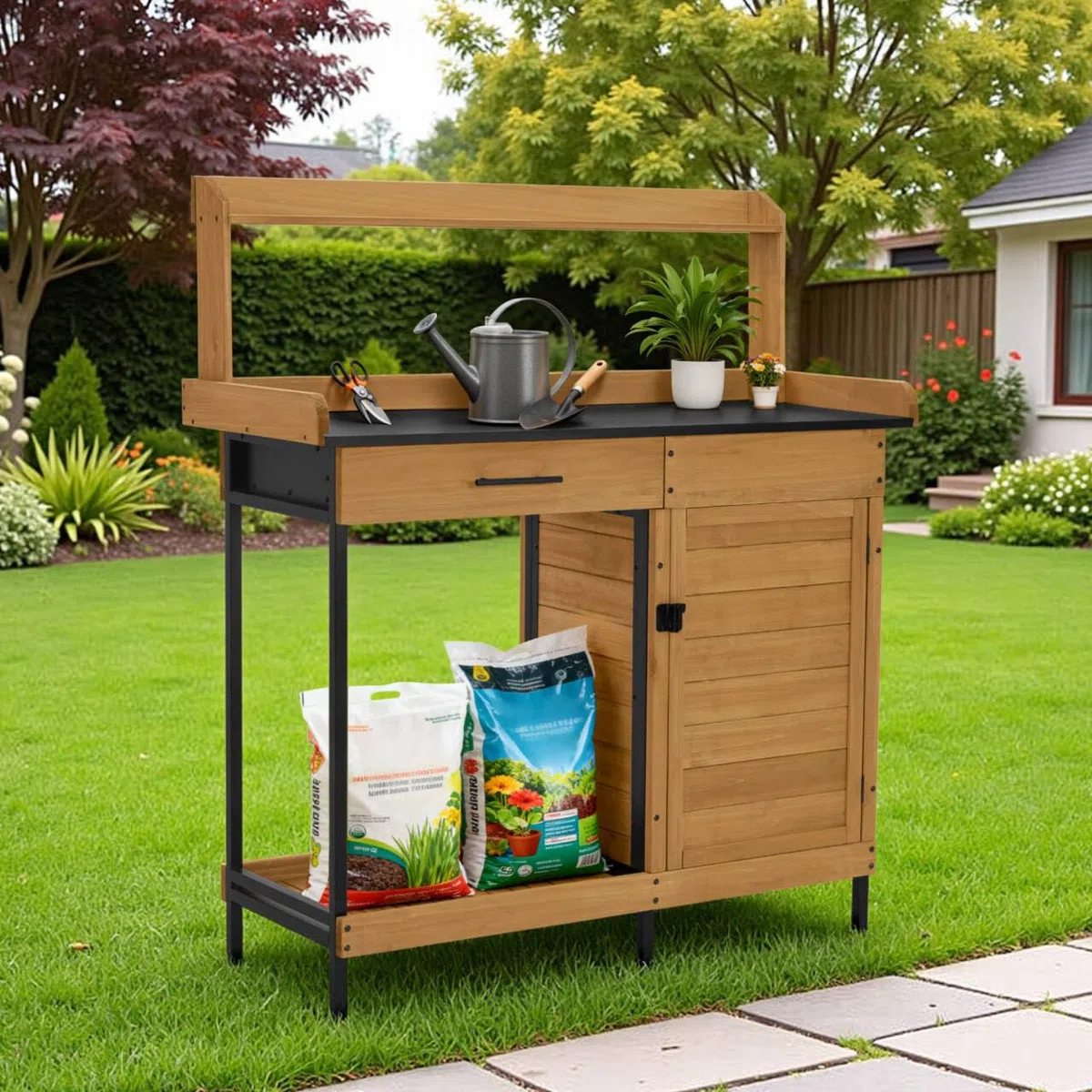 M MCombo Tavolo da Giardinaggio con piano di lavoro zincato e mobile inferiore. Tavolo da rinvaso in legno di abete resistente alle intemperie, con 3 ganci. Per giardino, balcone e terrazza, 2049