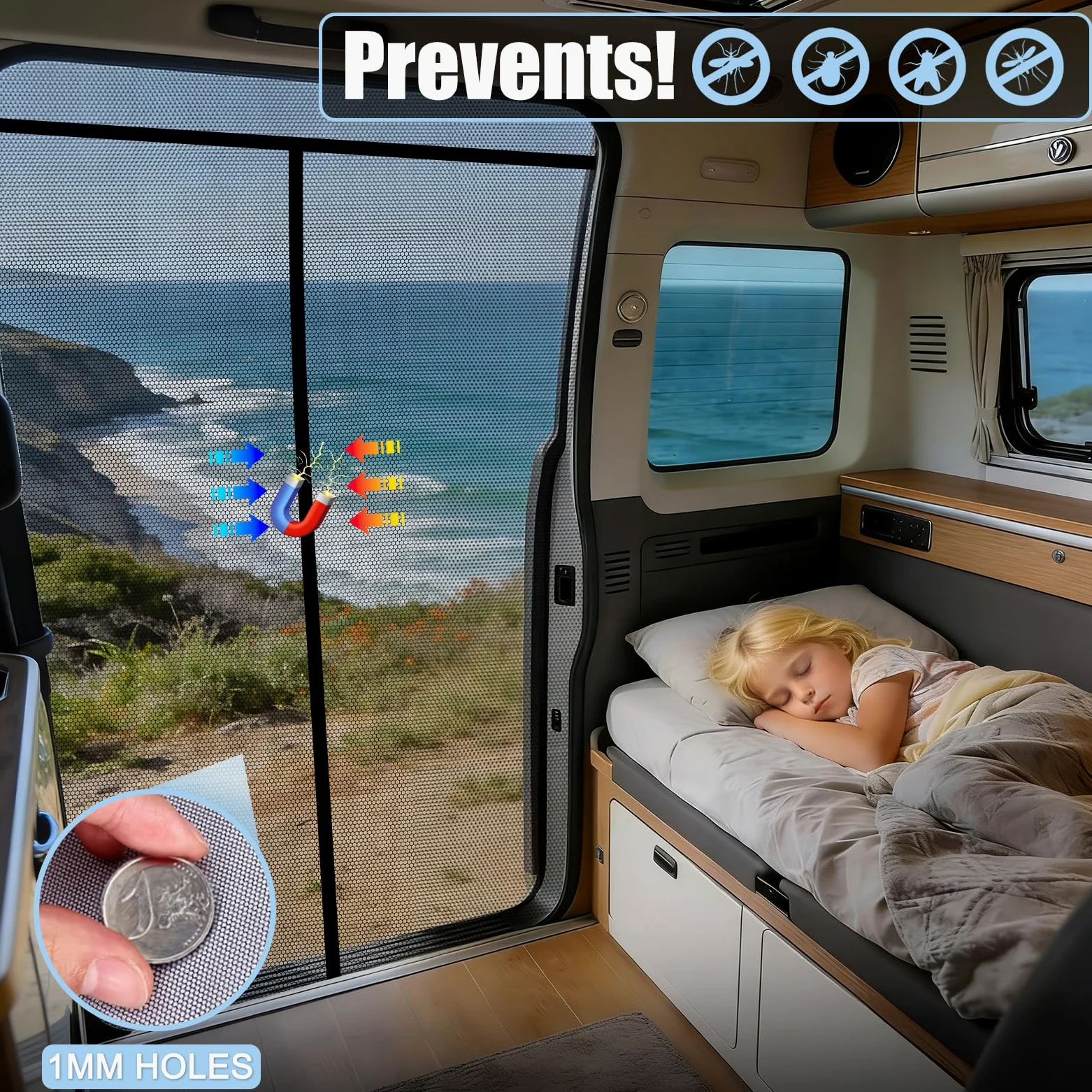 Moskitonetz Magnetico per VW T5 T6 Porta Scorrevole | Rete Antinsetti & Zanzariera con Rete Ombreggiante | Protezione Solare come Accessorio da Campeggio per Multivan