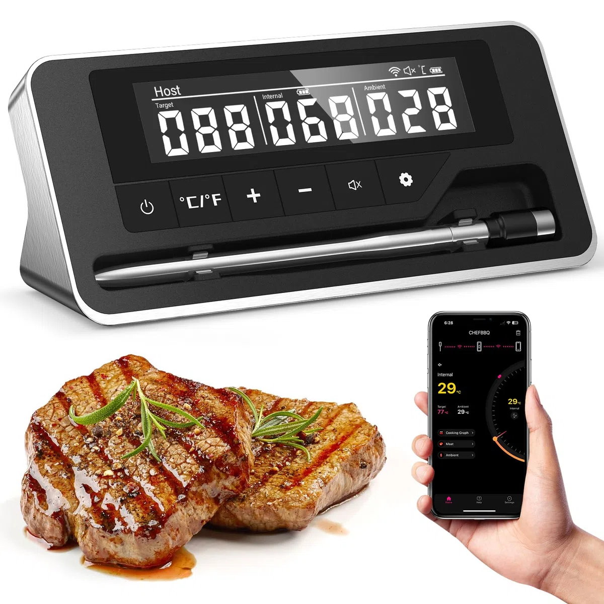 Termometro Carne, Termometro BBQ Wireless con APP, IP67 Impermeabile Termometro Barbecue per Forno, Griglia, Cucina, Girarrosto