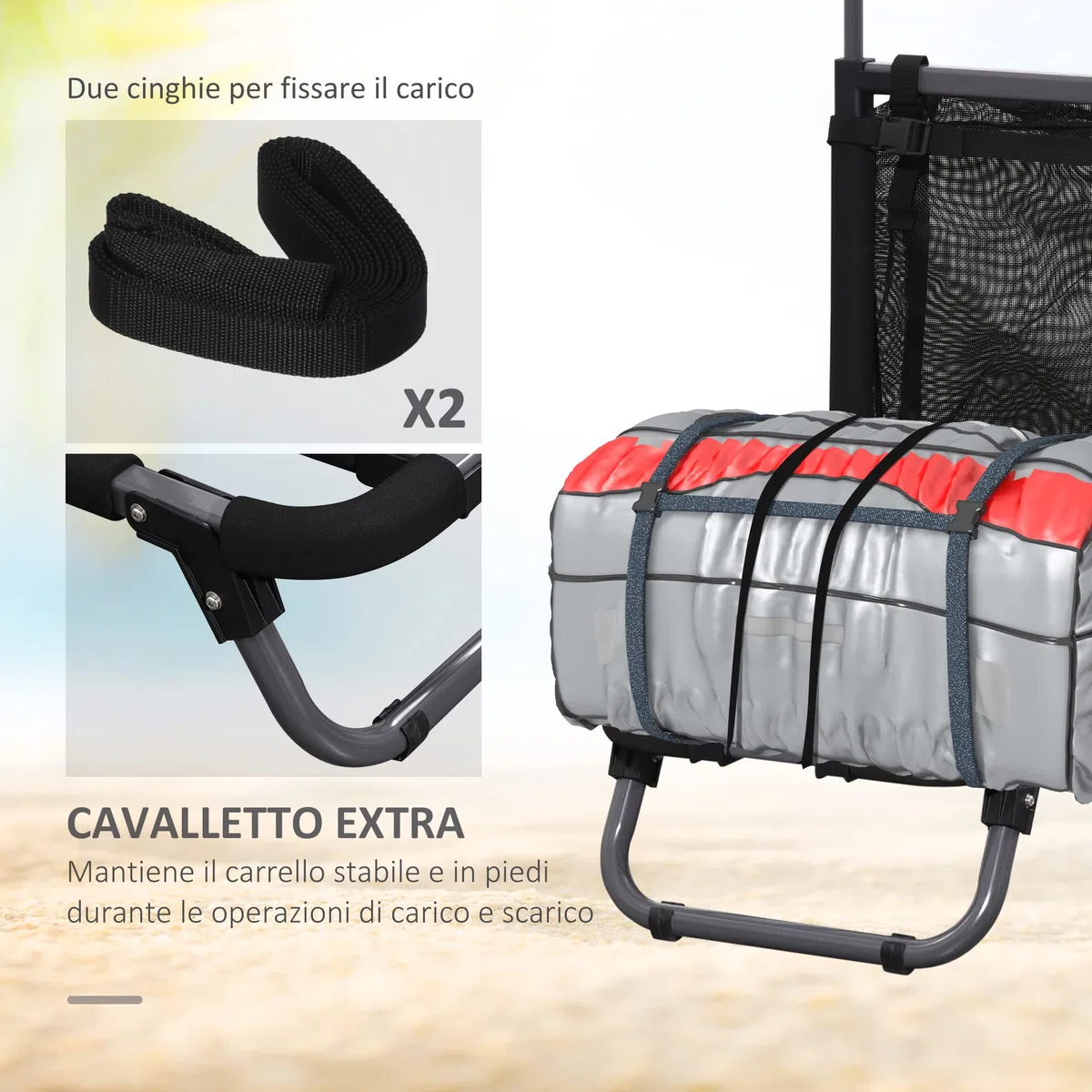 SPORTNOW Carrello da Spiaggia Pieghevole in Alluminio e PU con Tasca in Rete, Manico Telescopico e Cavalletto, 82x67x81 cm, Multicolore