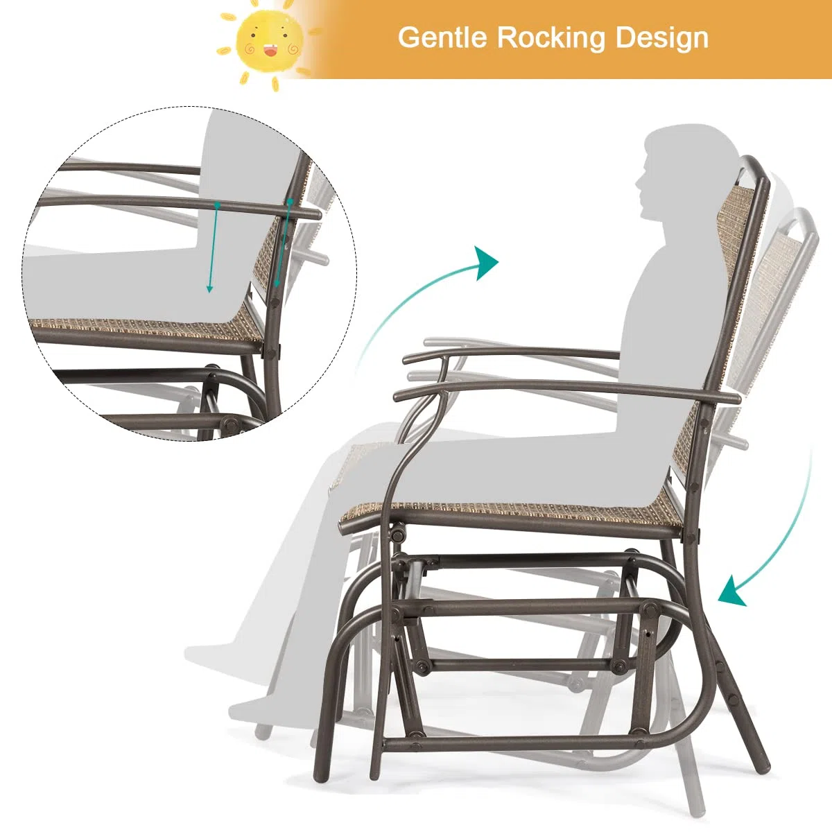 KOMFOTTEU Sedia a Dondolo da Esterno con Schienale Ergonomico, Sdraio a Dondolo in Tessuto Traspirante con Struttura Stabile, Set di 2 Sedie per Giardino, Balcone, Camera da Letto