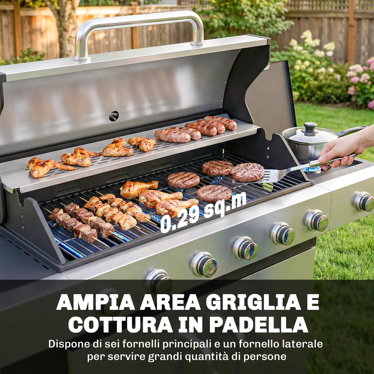 Outsunny Barbecue a Gas con 6+1 Bruciatori da 18.6 KW, BBQ a Gas Propano Portatile con Griglia, Ripiani, Coperchio, Termometro, Ruote, per Giardino Esterno, Nero Argento