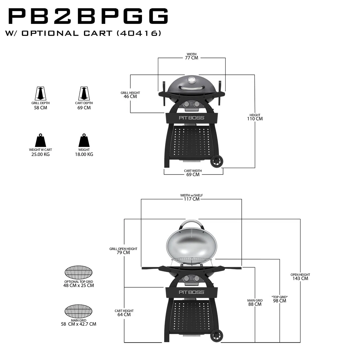 PIT BOSS - Barbecue Gas 5.2KW 2 Griglie in fonte Superficie cuisson 58 x 42.5 cm 2 Bruleurs Inox 2 Tablettes Thermomètre SPORTSMAN2