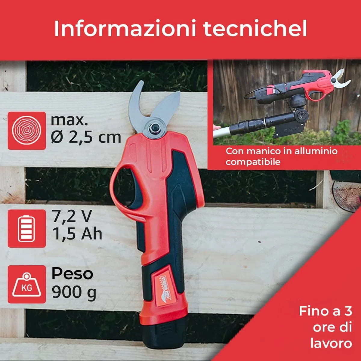 STREND PRO Forbici Potatura a Batteria Telescopiche, Cesoie per Alberi e Giardini, Max. 22 mm, Asta Telescopica 170 cm, 7.2V, Rosse