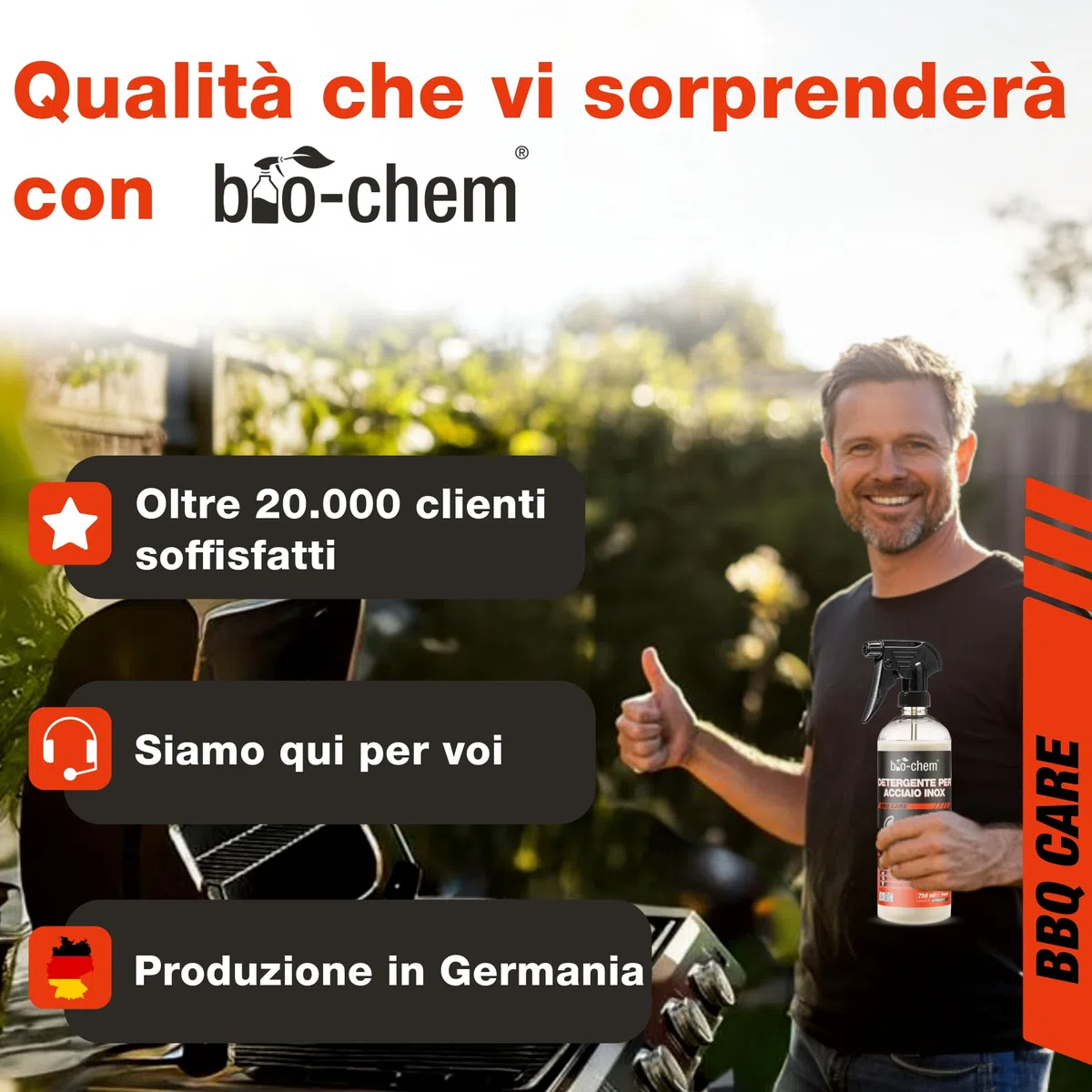 Bio-Chem - Set Pulizia per barbecue 9pz - Decapante resina 0,5L - Detergente per superfici bbq 750ml - Spray inox 750ml - Spray di olio 200ml - Kit completo con accessori griglie brillanti e protette