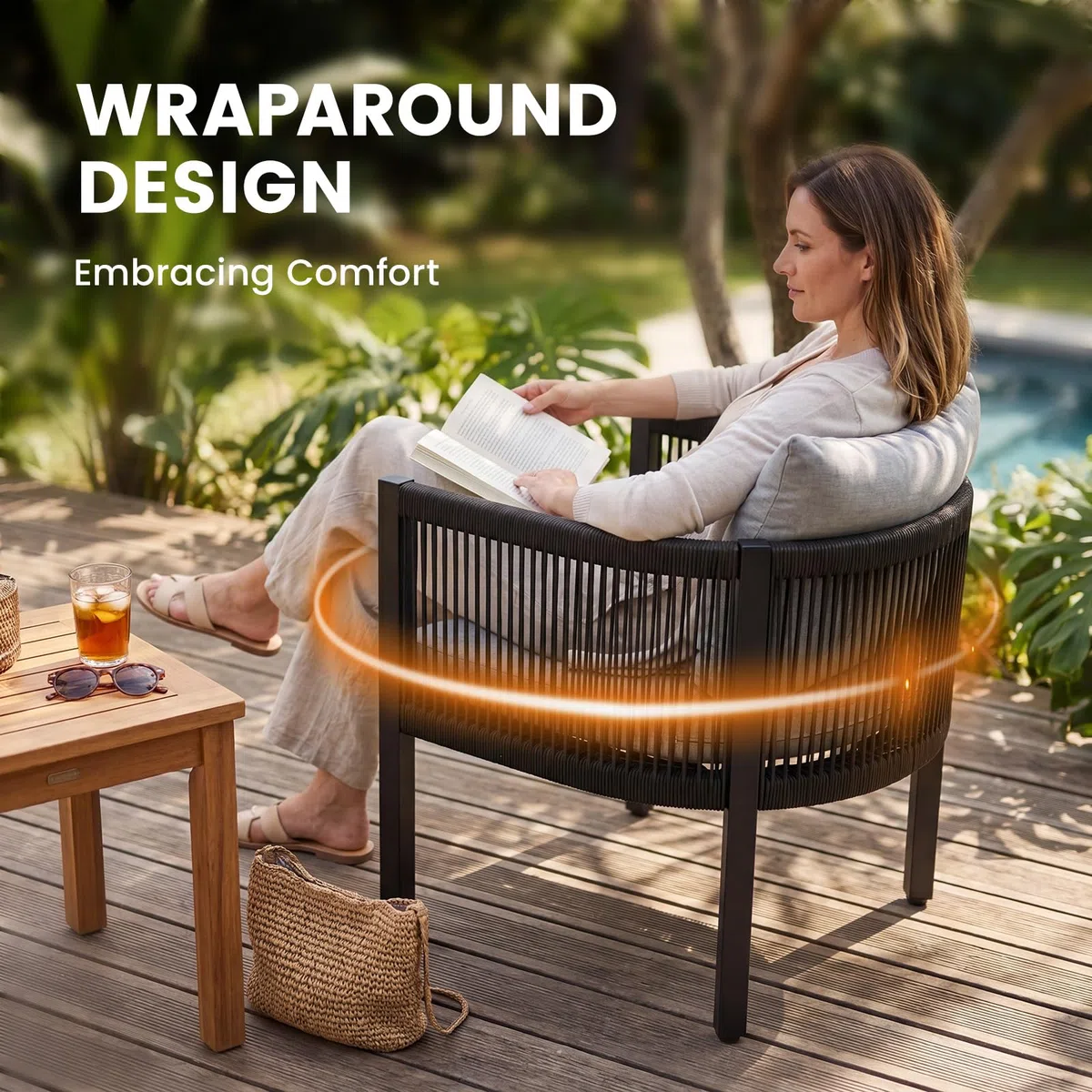 Ya-Home Set di 4 Sedie da Giardino, Poltrone Rotonde per Patio con Schienale a Intreccio in Corda Aperto, Sedie da Esterno Moderne con Rivestimento in Tessuto, Ideali per Balconi e Cortili, Grigio